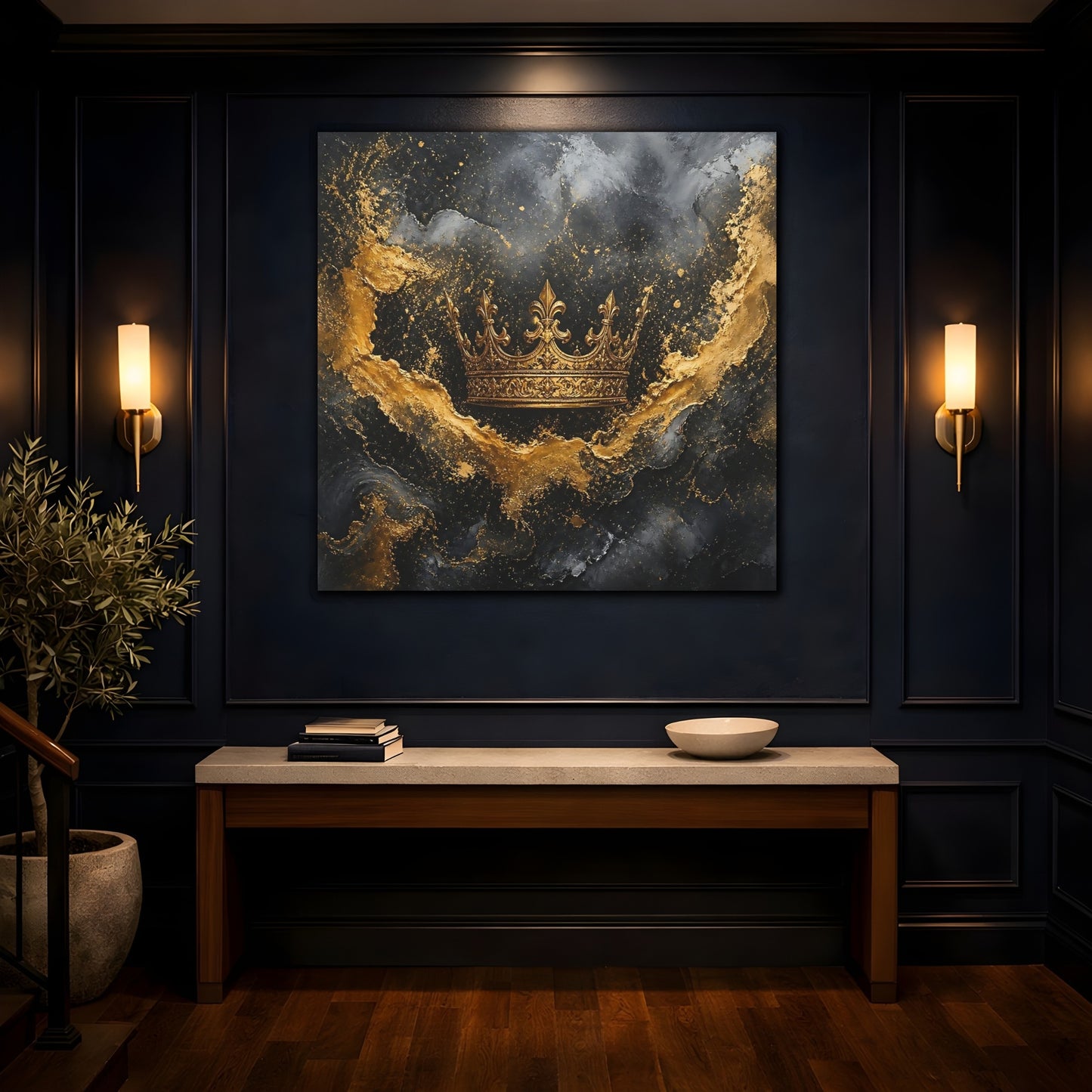 Mockup 4. Abstract Golden Crown Black And Gold shown as stretched canvas wall art