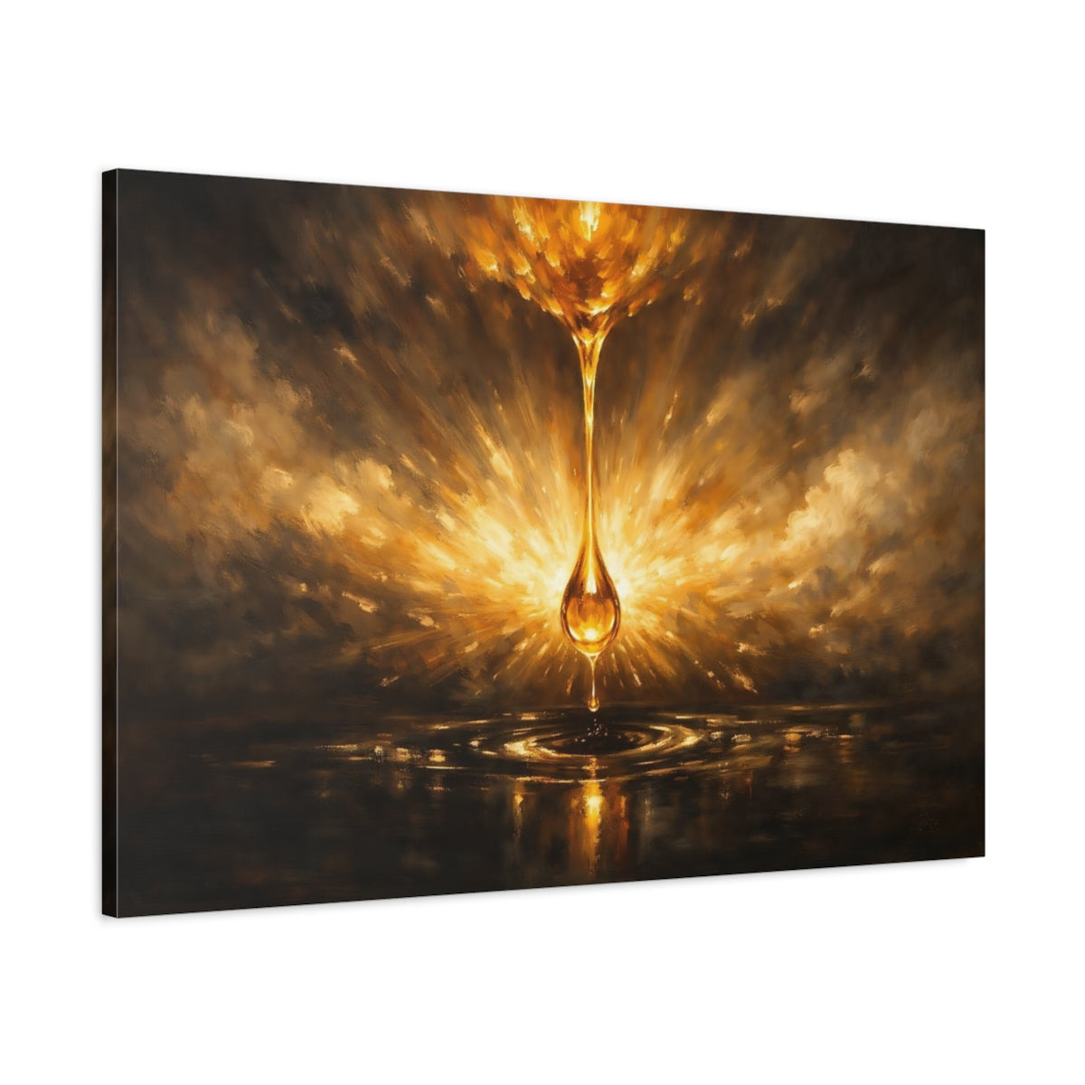 Side Mockup 1. Abstract Golden Drop Gold And Black shown as stretched canvas wall art