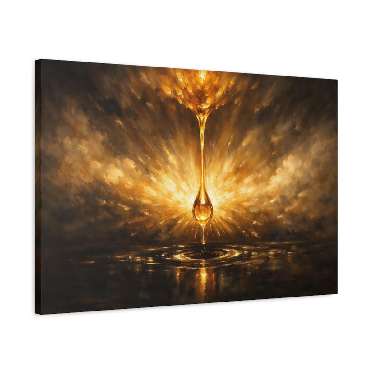 Side Mockup 2. Abstract Golden Drop Gold And Black shown as stretched canvas wall art