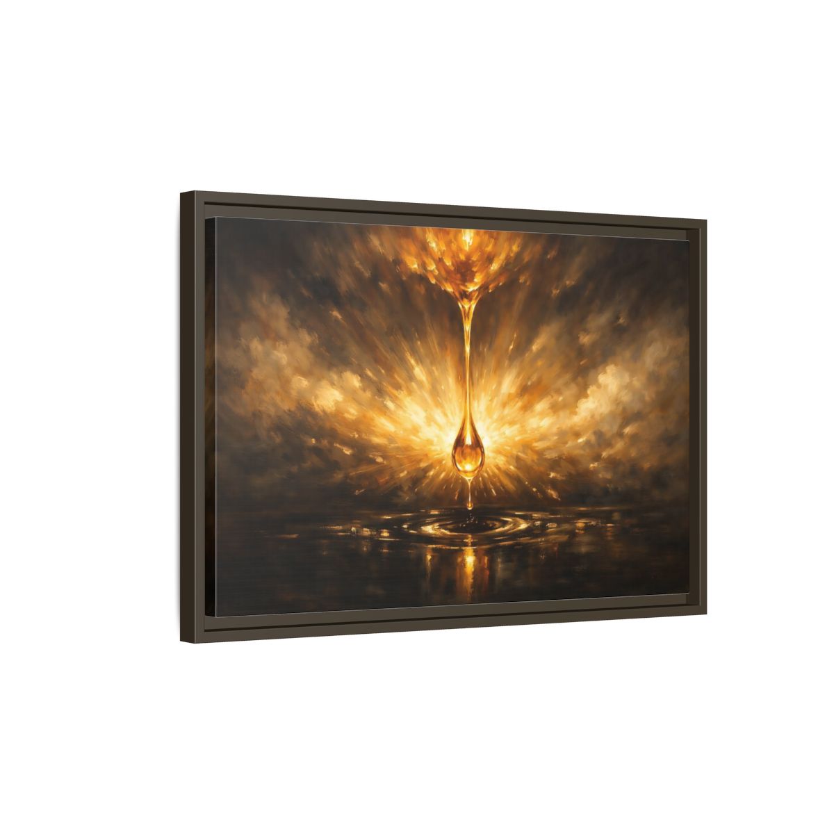 Side Mockup 2. Abstract Golden Drop Gold And Black shown as stretched canvas wall art