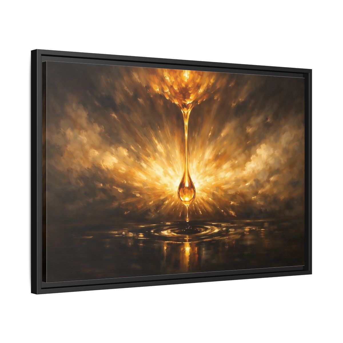 Side Mockup 14. Abstract Golden Drop Gold And Black shown as stretched canvas wall art