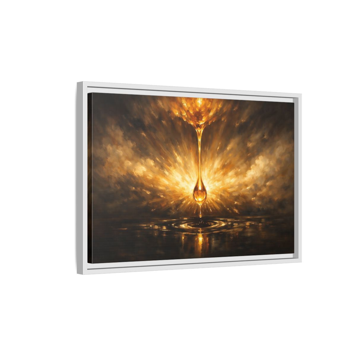 Side Mockup 1. Abstract Golden Drop Gold And Black shown as stretched canvas wall art