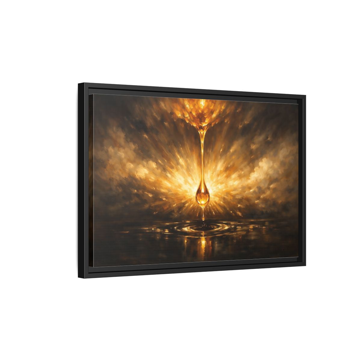 Side Mockup 3. Abstract Golden Drop Gold And Black shown as stretched canvas wall art