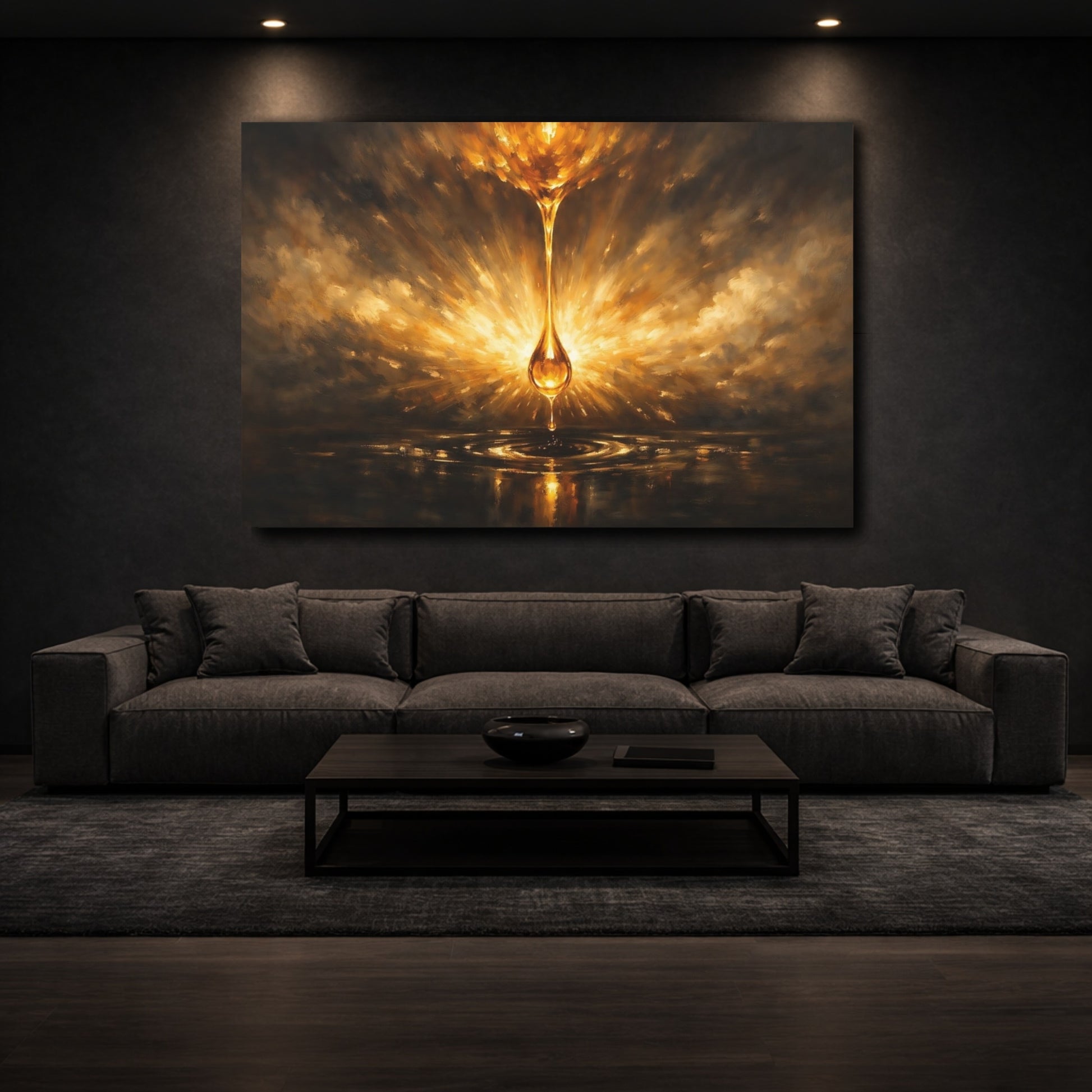 Mockup 2. Abstract Golden Drop Gold And Black shown as stretched canvas wall art