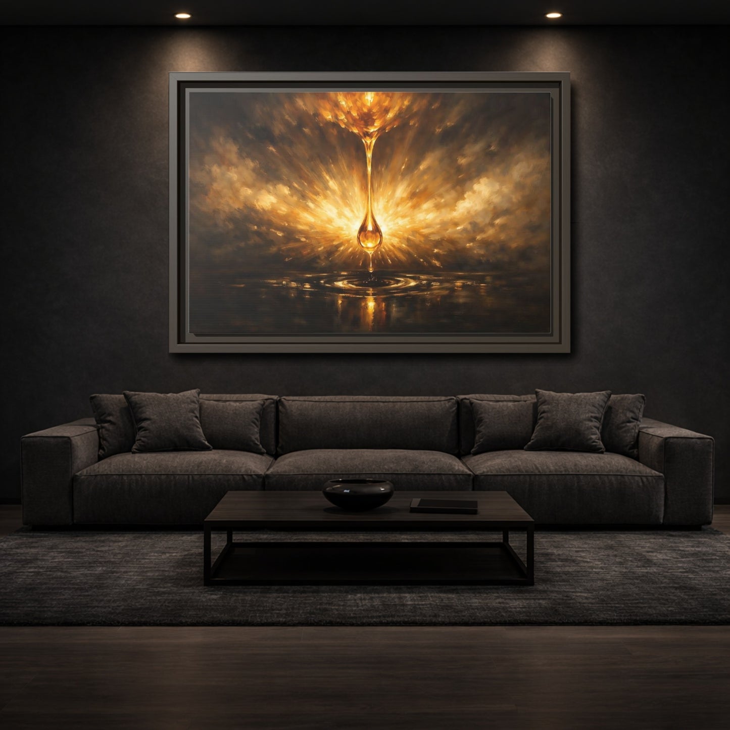 Mockup 2. Abstract Golden Drop Gold And Black shown as stretched canvas wall art