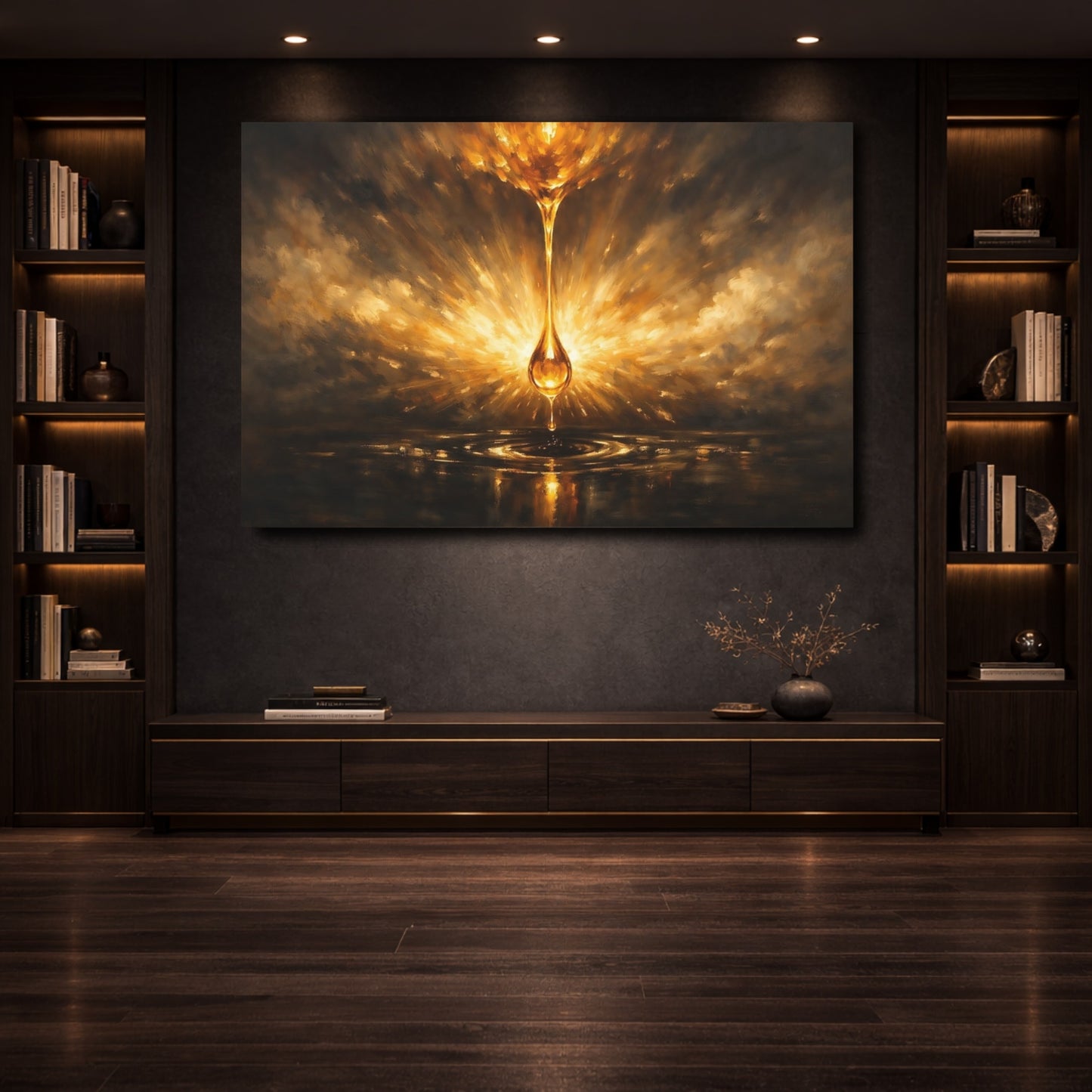 Mockup 3. Abstract Golden Drop Gold And Black shown as stretched canvas wall art