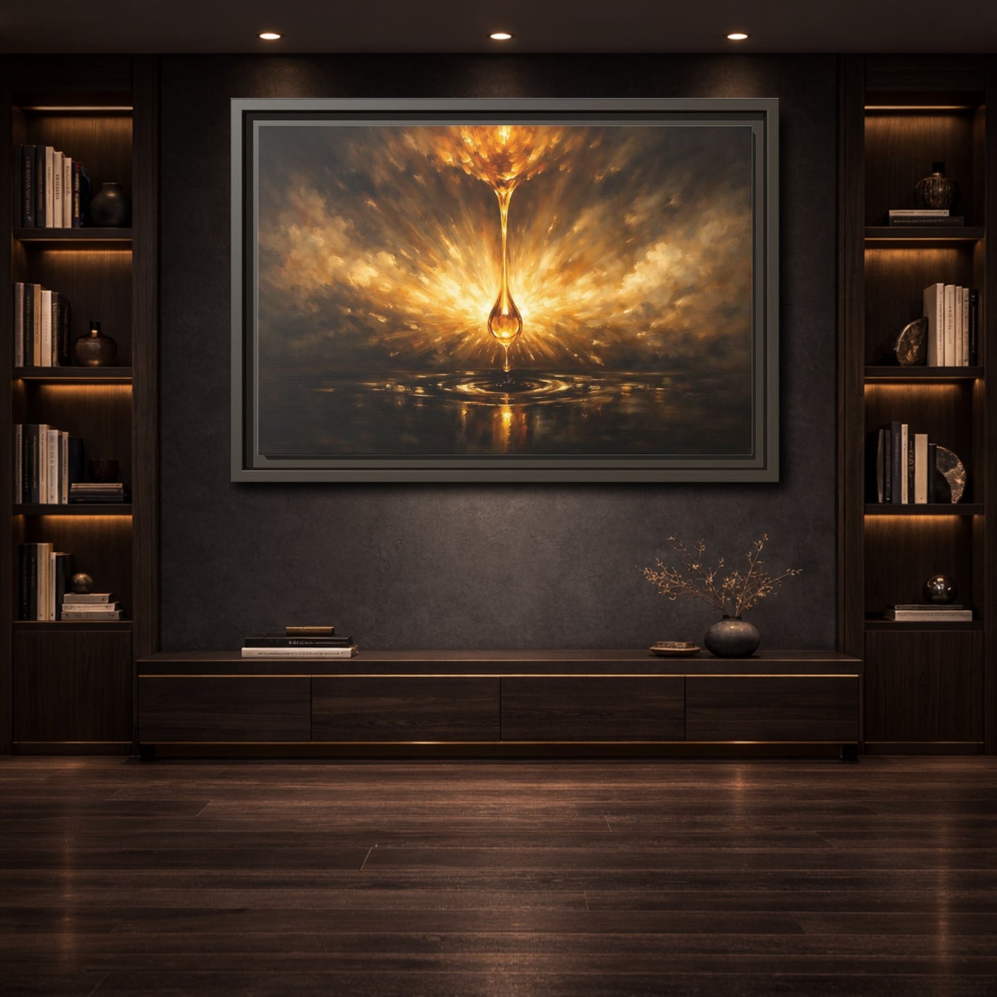 Mockup 3. Abstract Golden Drop Gold And Black shown as stretched canvas wall art