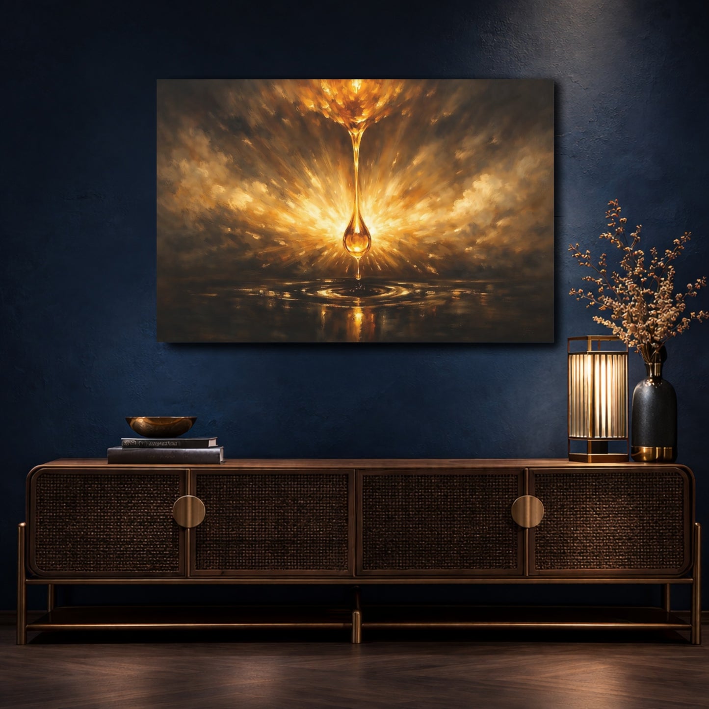 Mockup 4. Abstract Golden Drop Gold And Black shown as stretched canvas wall art