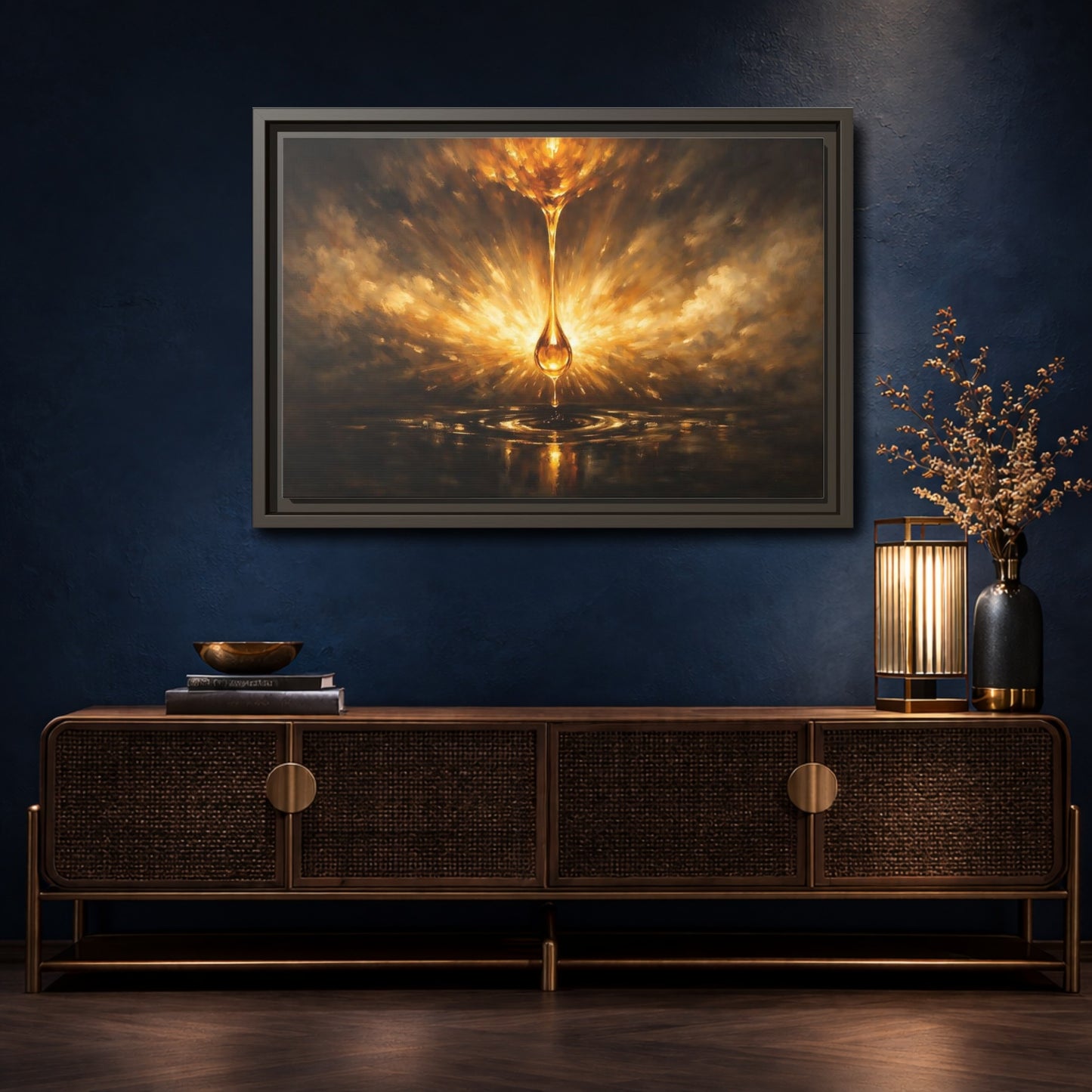 Mockup 4. Abstract Golden Drop Gold And Black shown as stretched canvas wall art
