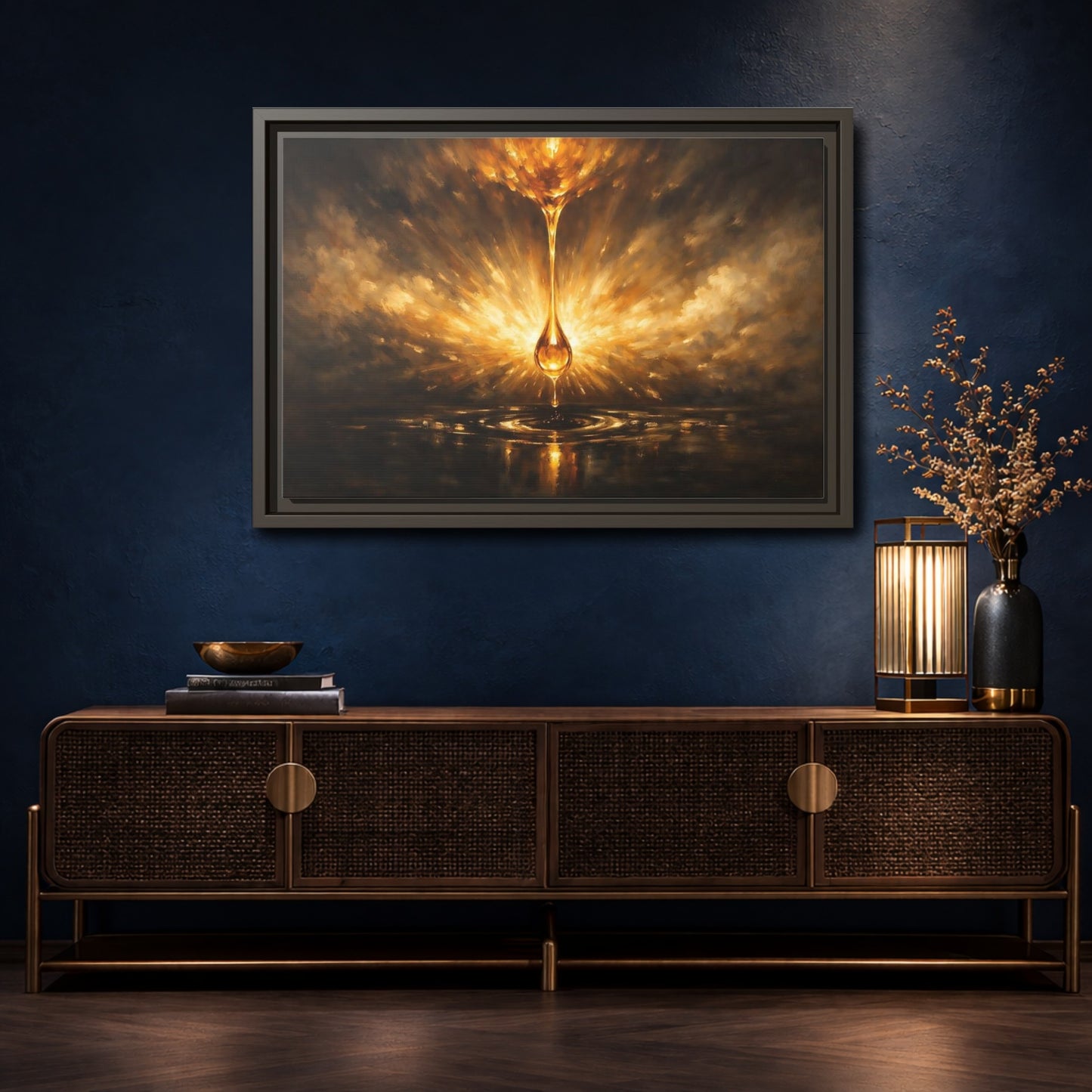 Mockup 4. Abstract Golden Drop Golden Liquid shown as stretched canvas wall art
