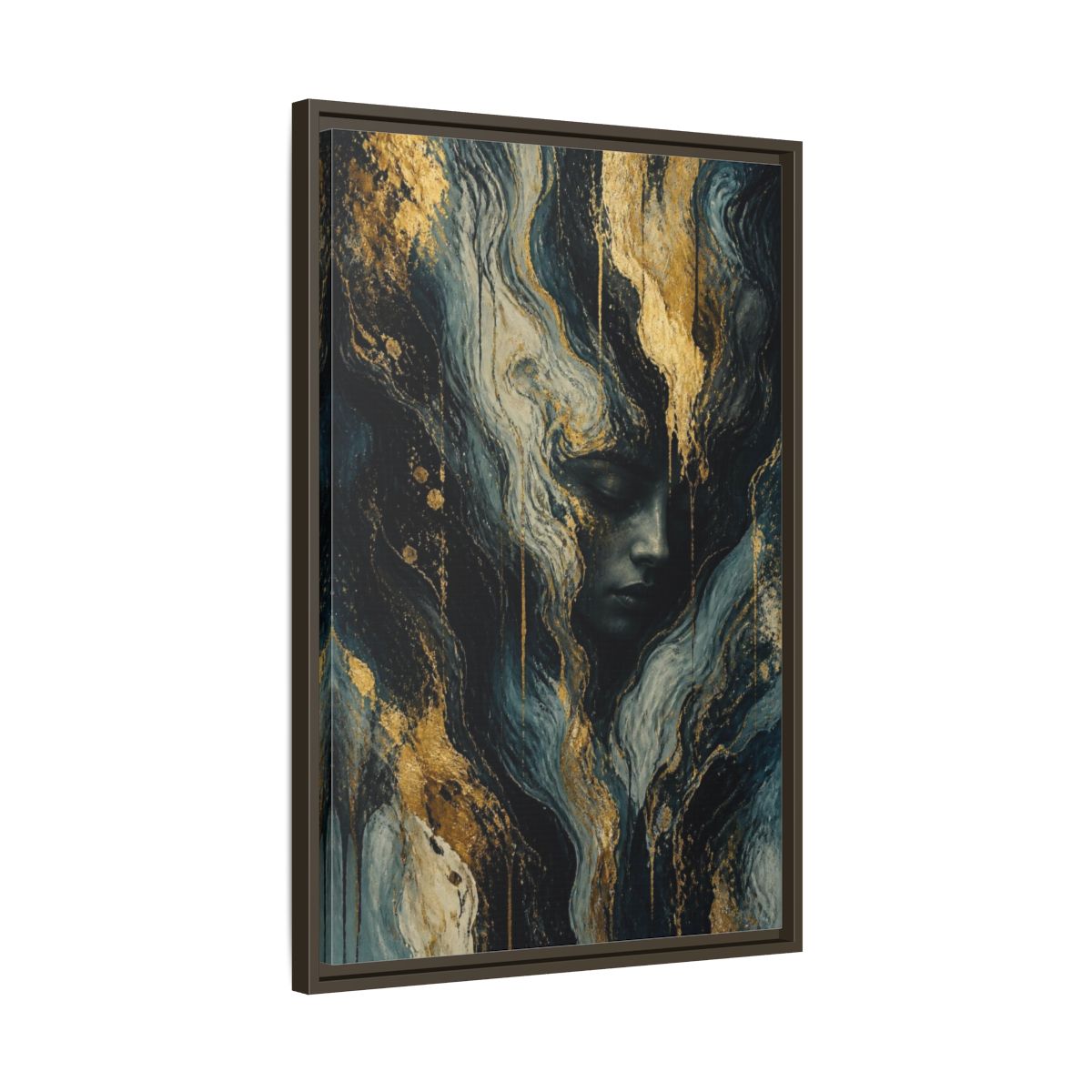 Side Mockup 11. Abstract Golden Face shown as framed canvas print