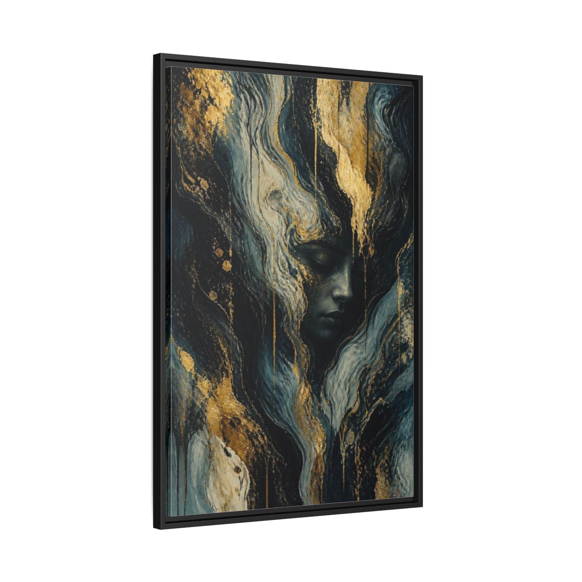 Side Mockup 13. Abstract Golden Face shown as framed canvas print