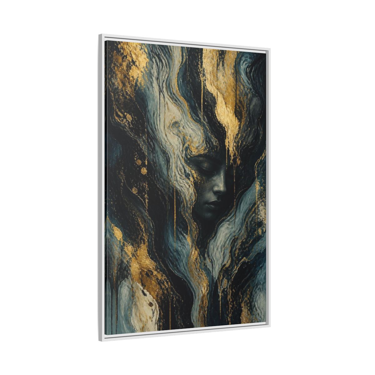 Side Mockup 7. Abstract Golden Face shown as framed canvas print