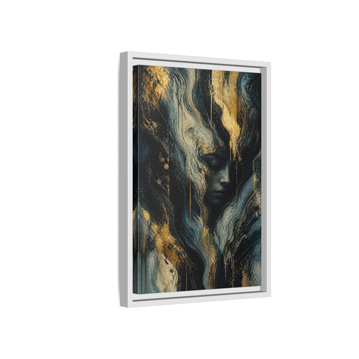 Side Mockup 4. Abstract Golden Face shown as framed canvas print