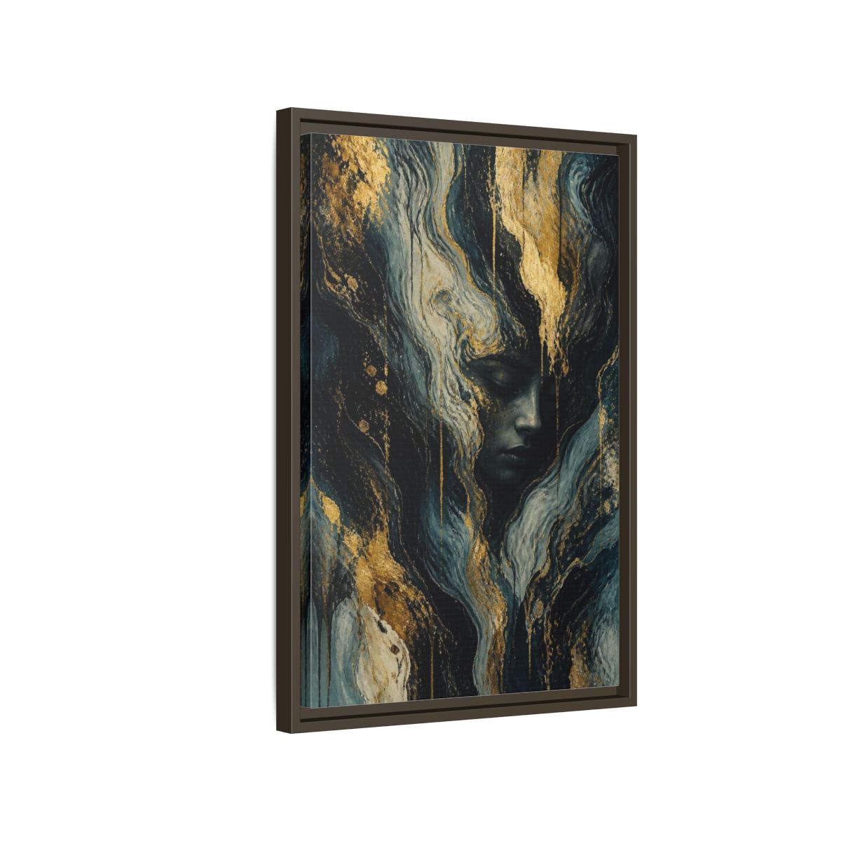 Side Mockup 2. Abstract Golden Face shown as framed canvas print