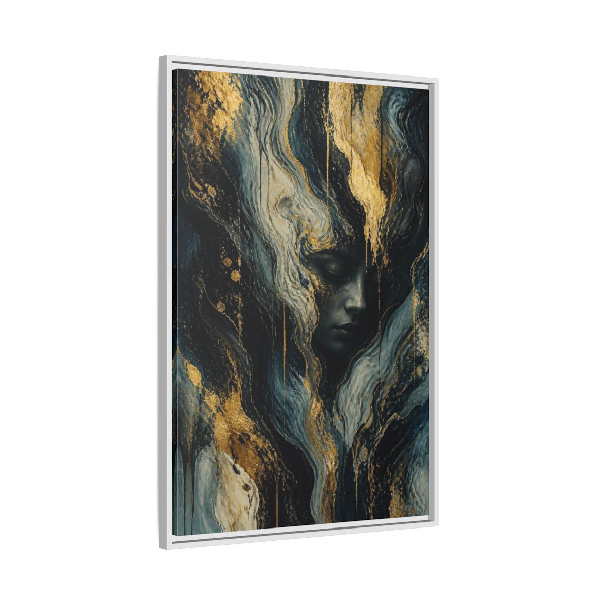 Side Mockup 9. Abstract Golden Face shown as framed canvas print
