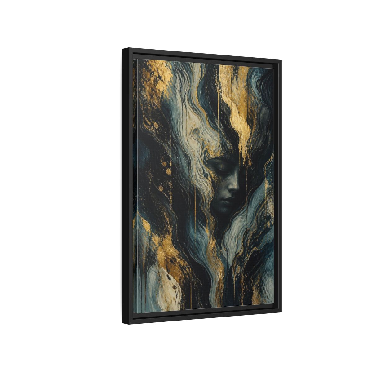 Side Mockup 3. Abstract Golden Face shown as framed canvas print