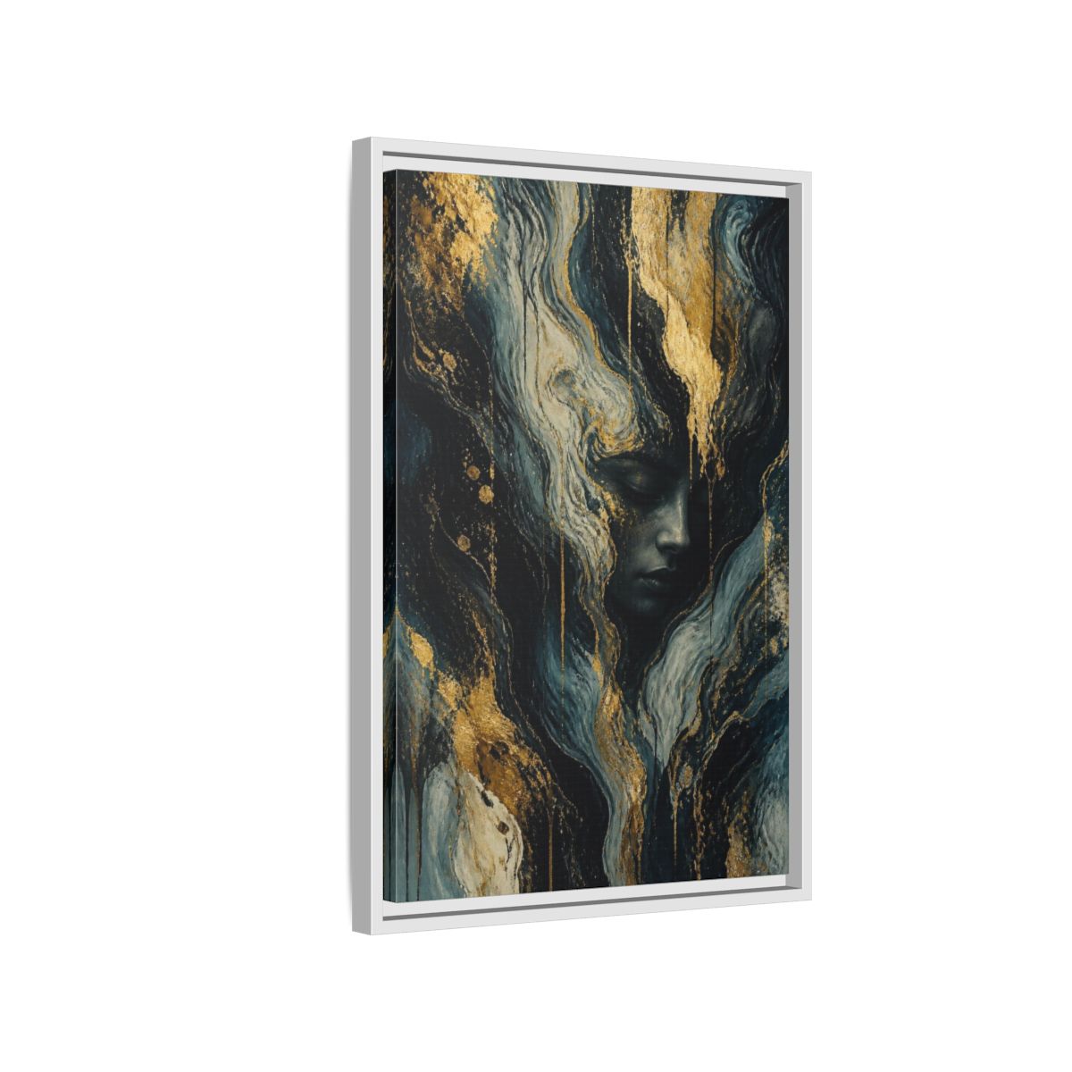 Side Mockup 1. Abstract Golden Face shown as framed canvas print
