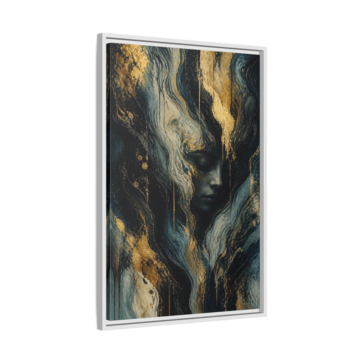 Side Mockup 10. Abstract Golden Face shown as framed canvas print