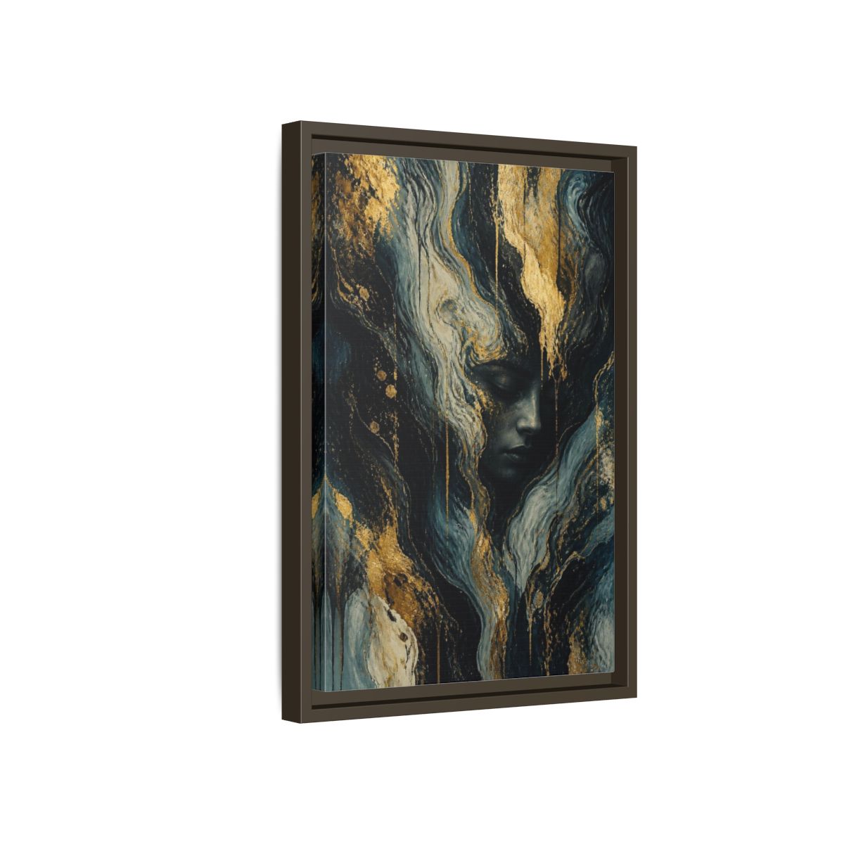Side Mockup 5. Abstract Golden Face shown as framed canvas print