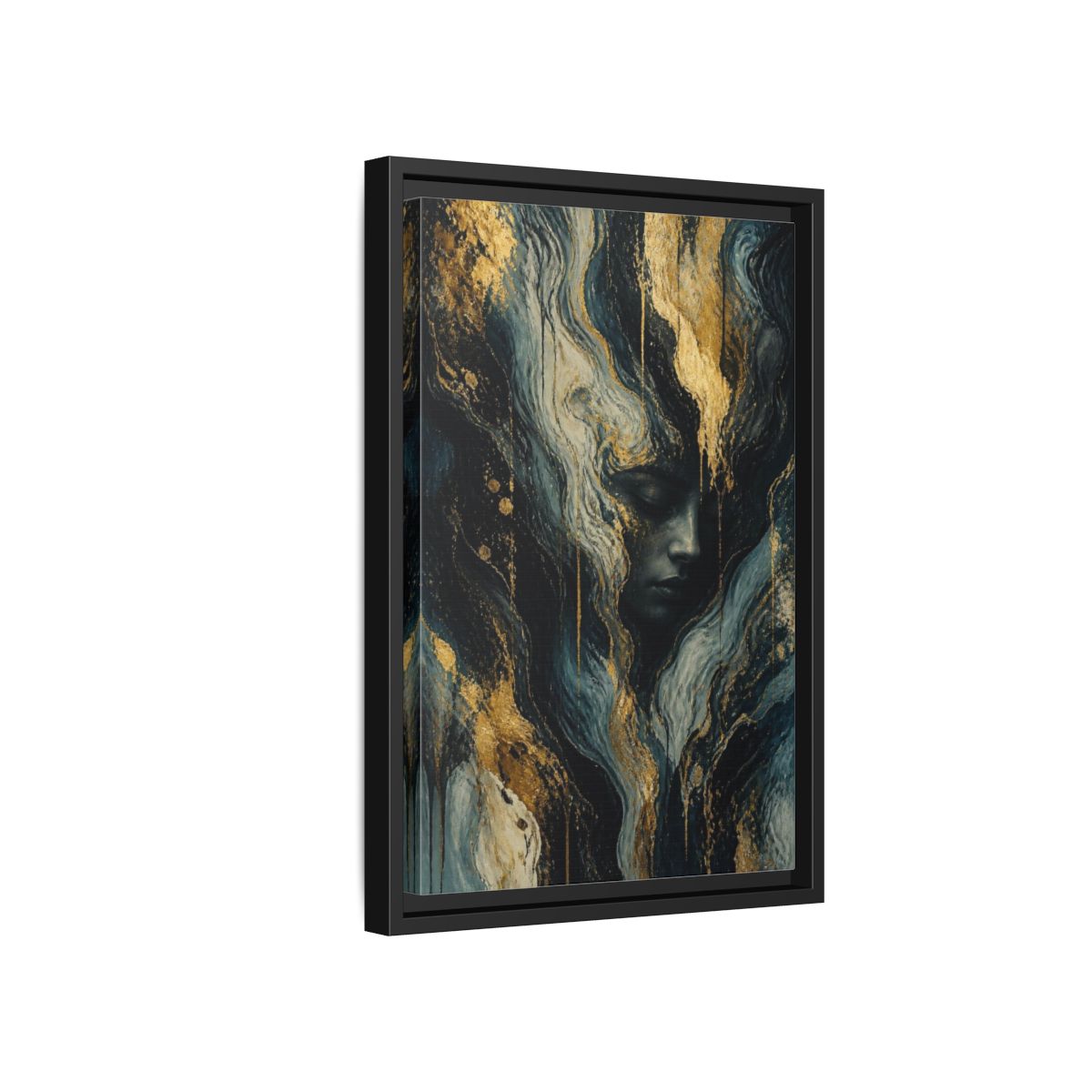 Side Mockup 6. Abstract Golden Face shown as framed canvas print