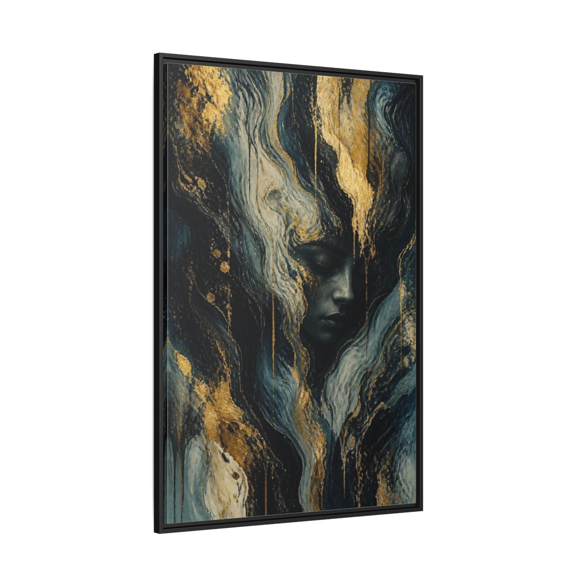 Side Mockup 12. Abstract Golden Face shown as framed canvas print