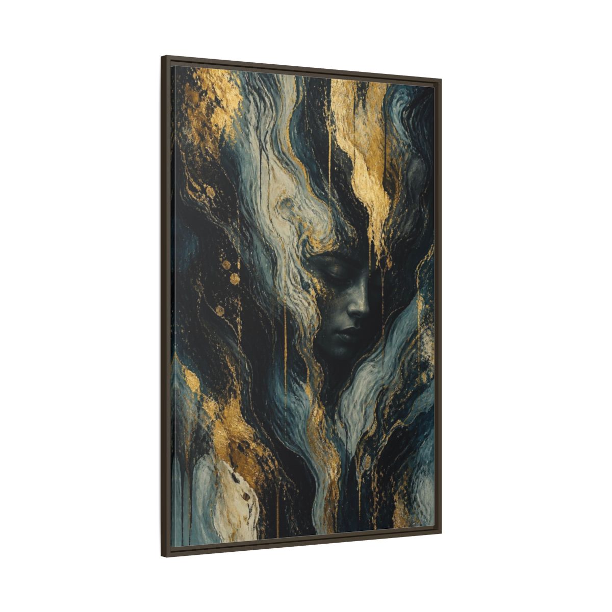 Side Mockup 8. Abstract Golden Face shown as framed canvas print