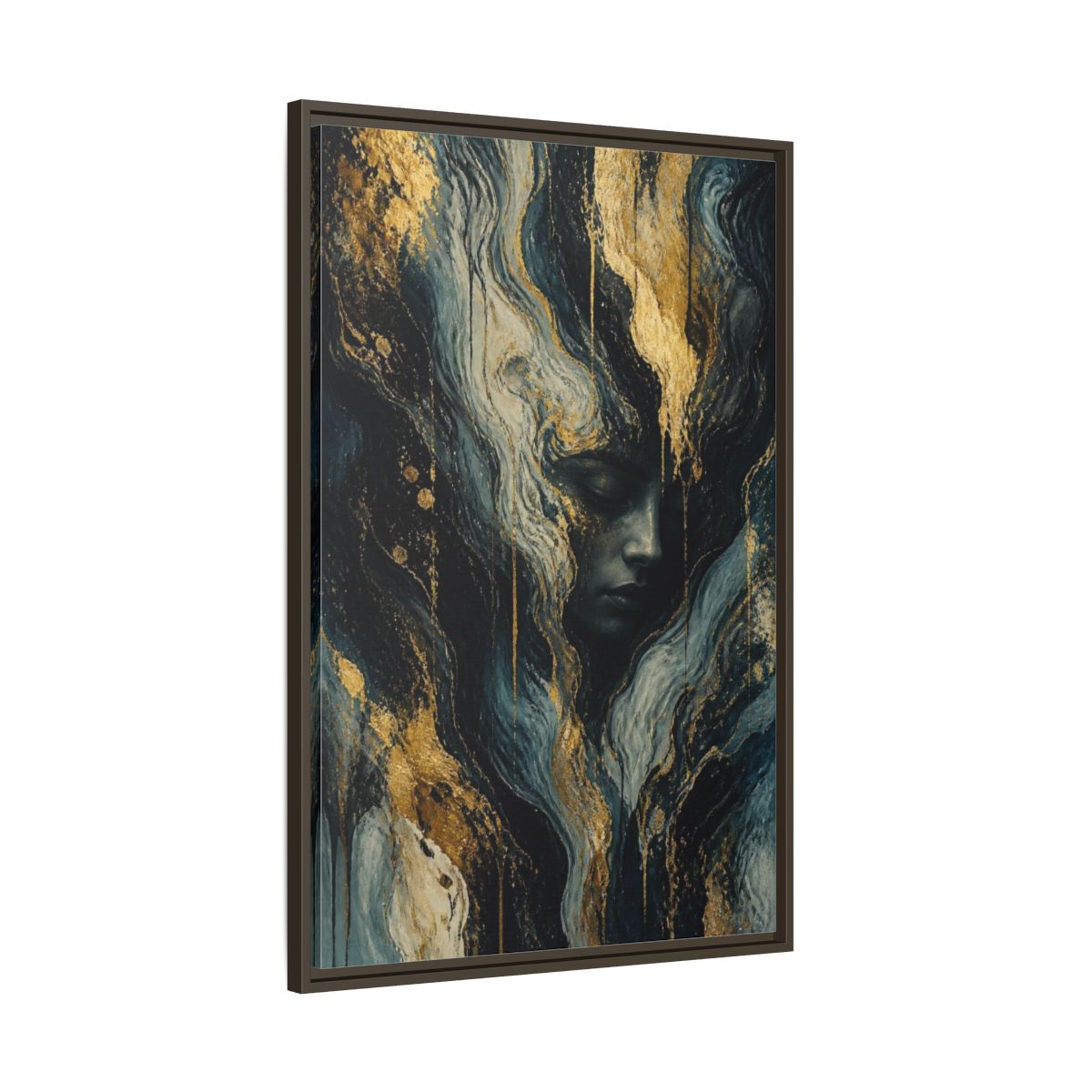 Main Mockup. Abstract Golden Face shown as framed canvas print