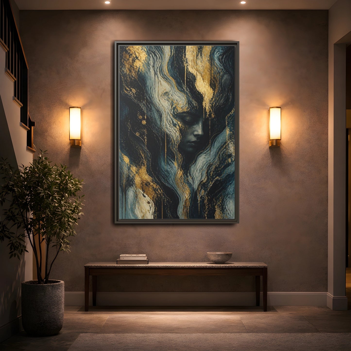 Mockup 2. Abstract Golden Face shown as framed canvas print
