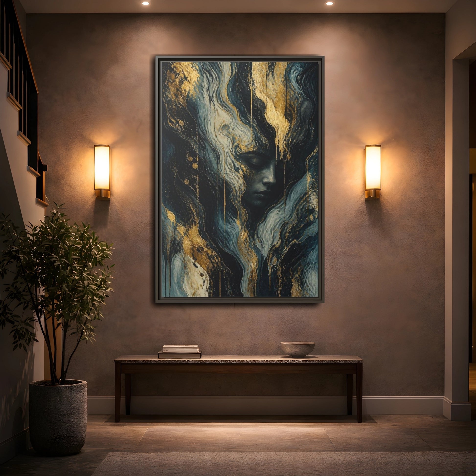 Mockup 2. Abstract Golden Face shown as framed canvas print