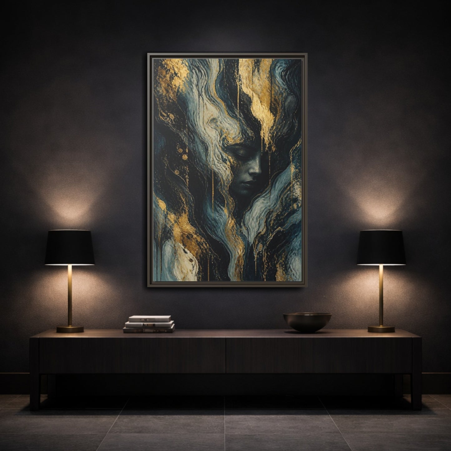 Mockup 3. Abstract Golden Face shown as framed canvas print