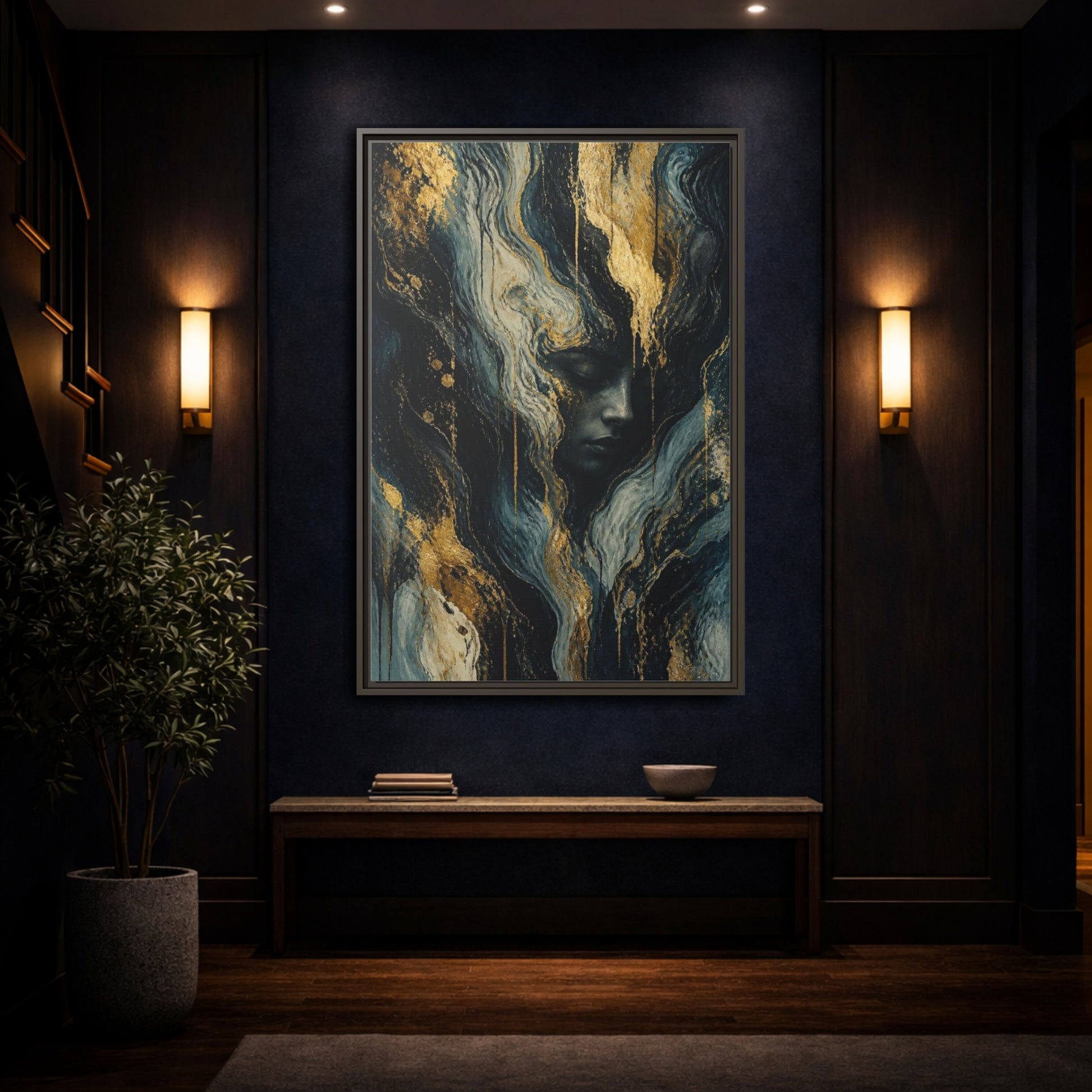 Mockup 4. Abstract Golden Face shown as framed canvas print
