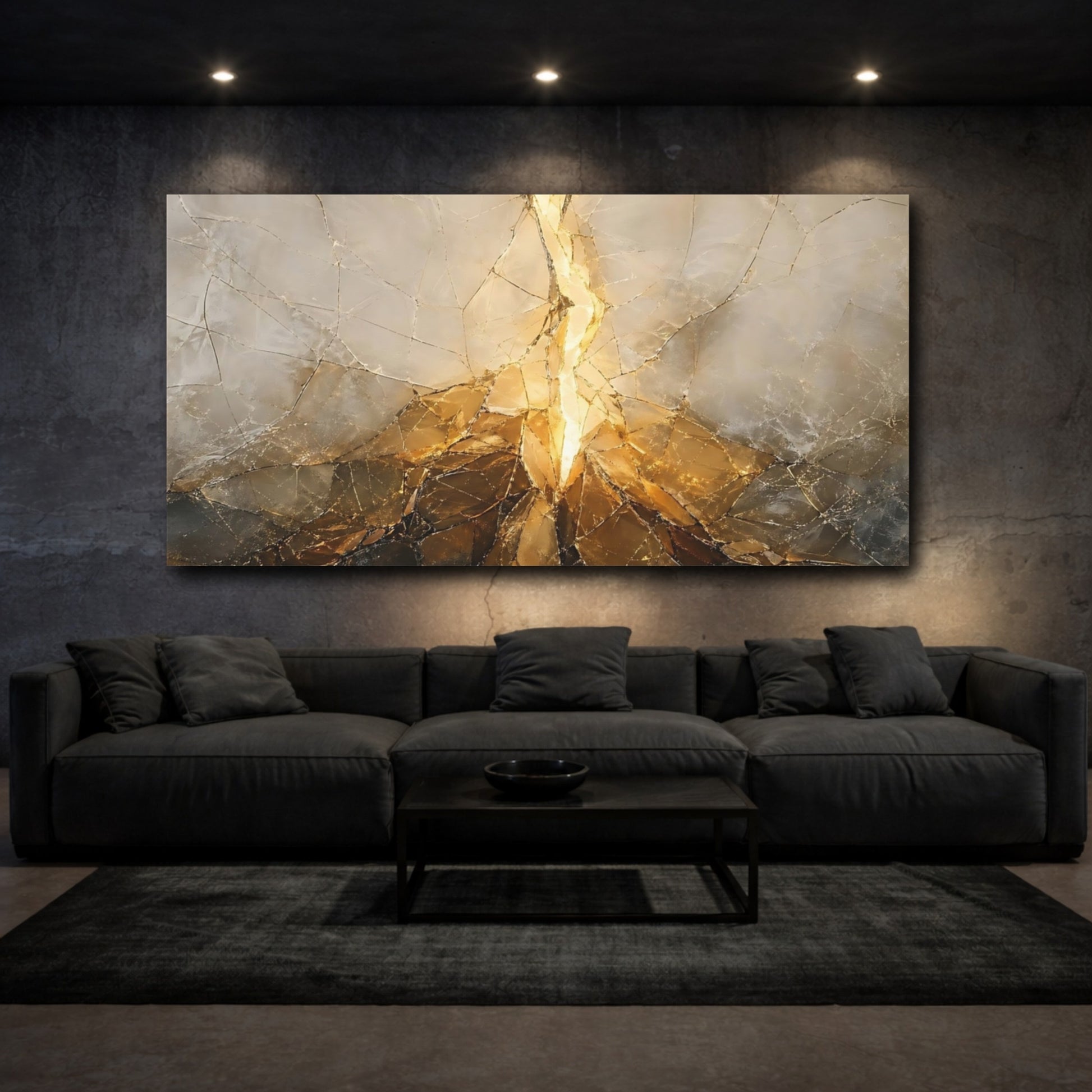 Mockup 2. Abstract Golden Fissure Gold And Gray shown as stretched canvas wall art