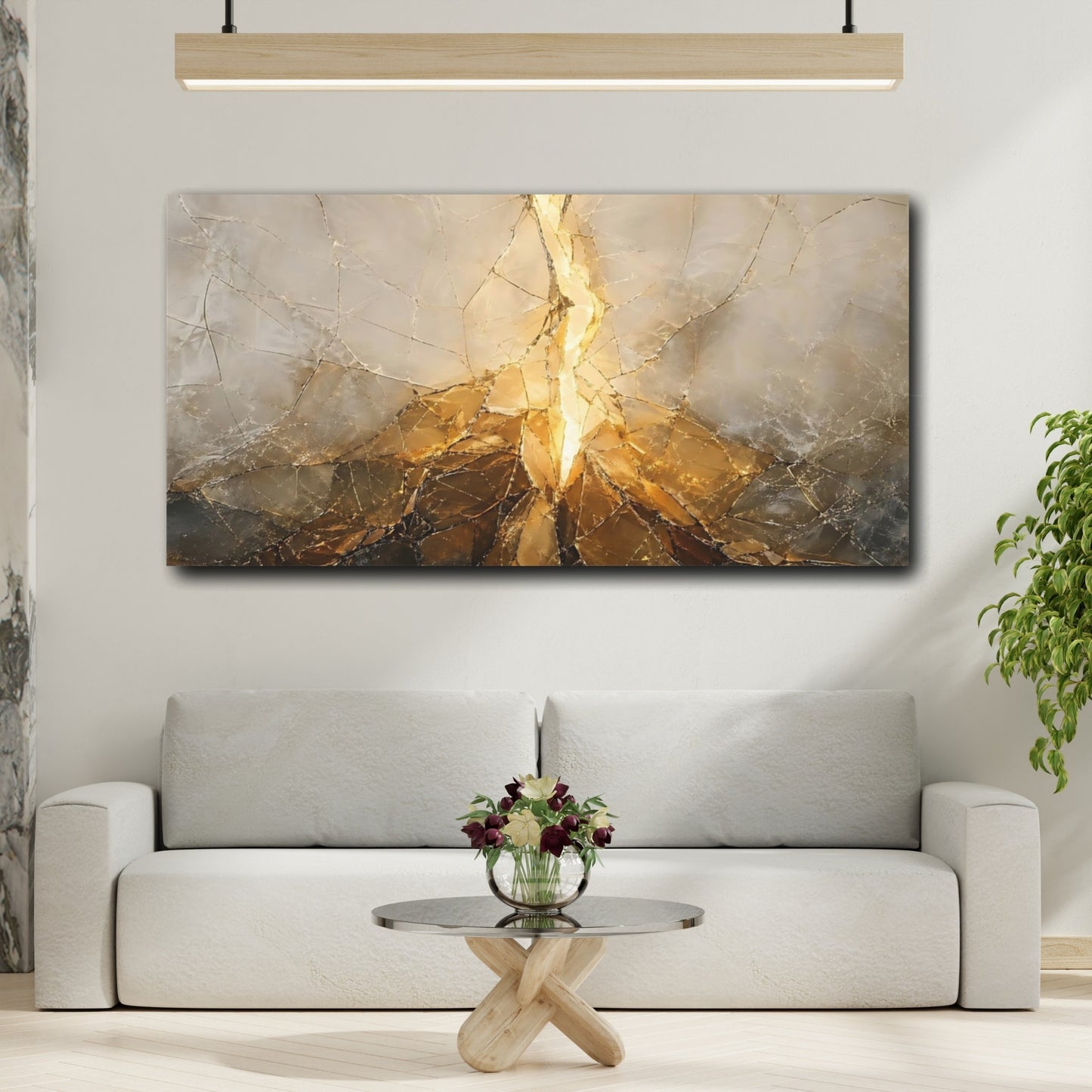 Mockup 3. Abstract Golden Fissure Gold And Gray shown as stretched canvas wall art