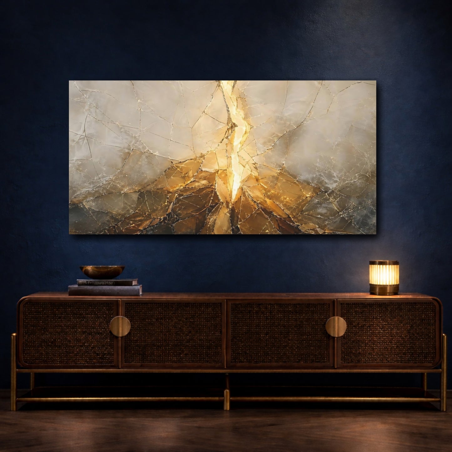 Mockup 4. Abstract Golden Fissure Gold And Gray shown as stretched canvas wall art