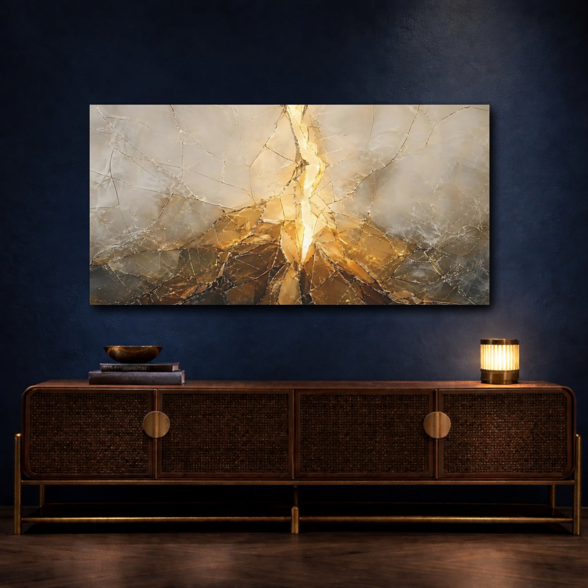 Mockup 4. Abstract Golden Fissure Gold And Gray shown as stretched canvas wall art