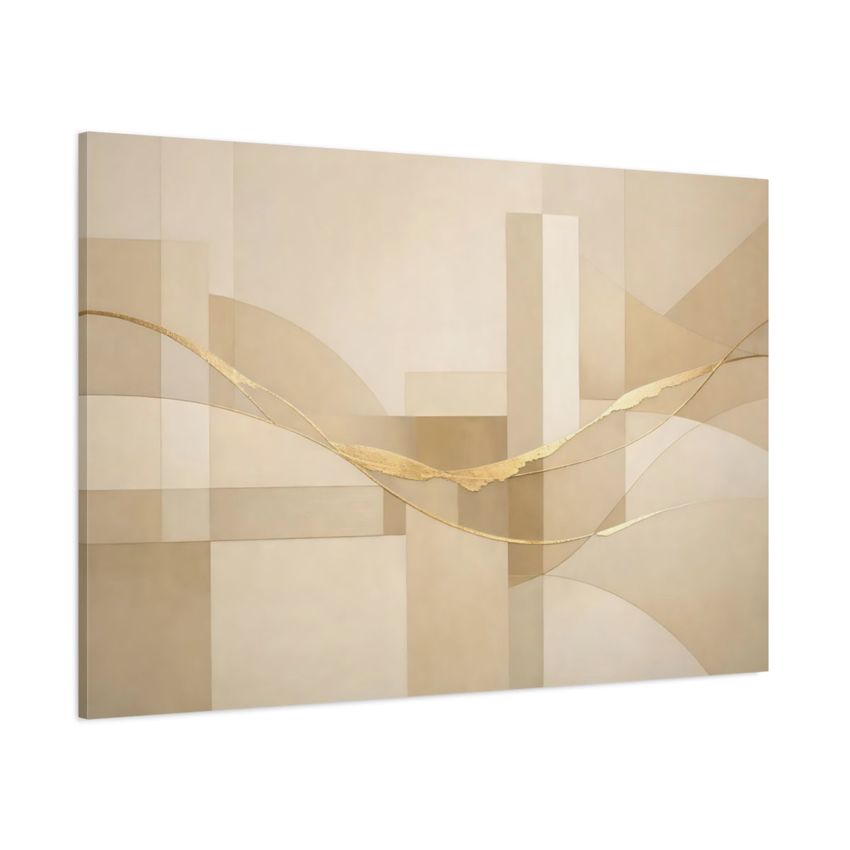 Main Mockup. Abstract Golden Flow Beige And Gold shown as stretched canvas wall art