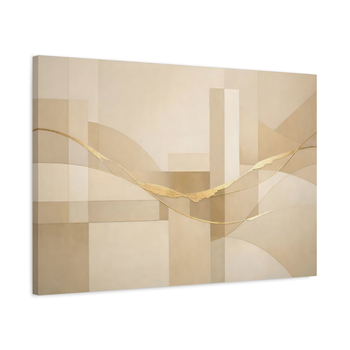 Side Mockup 2. Abstract Golden Flow Beige And Gold shown as stretched canvas wall art