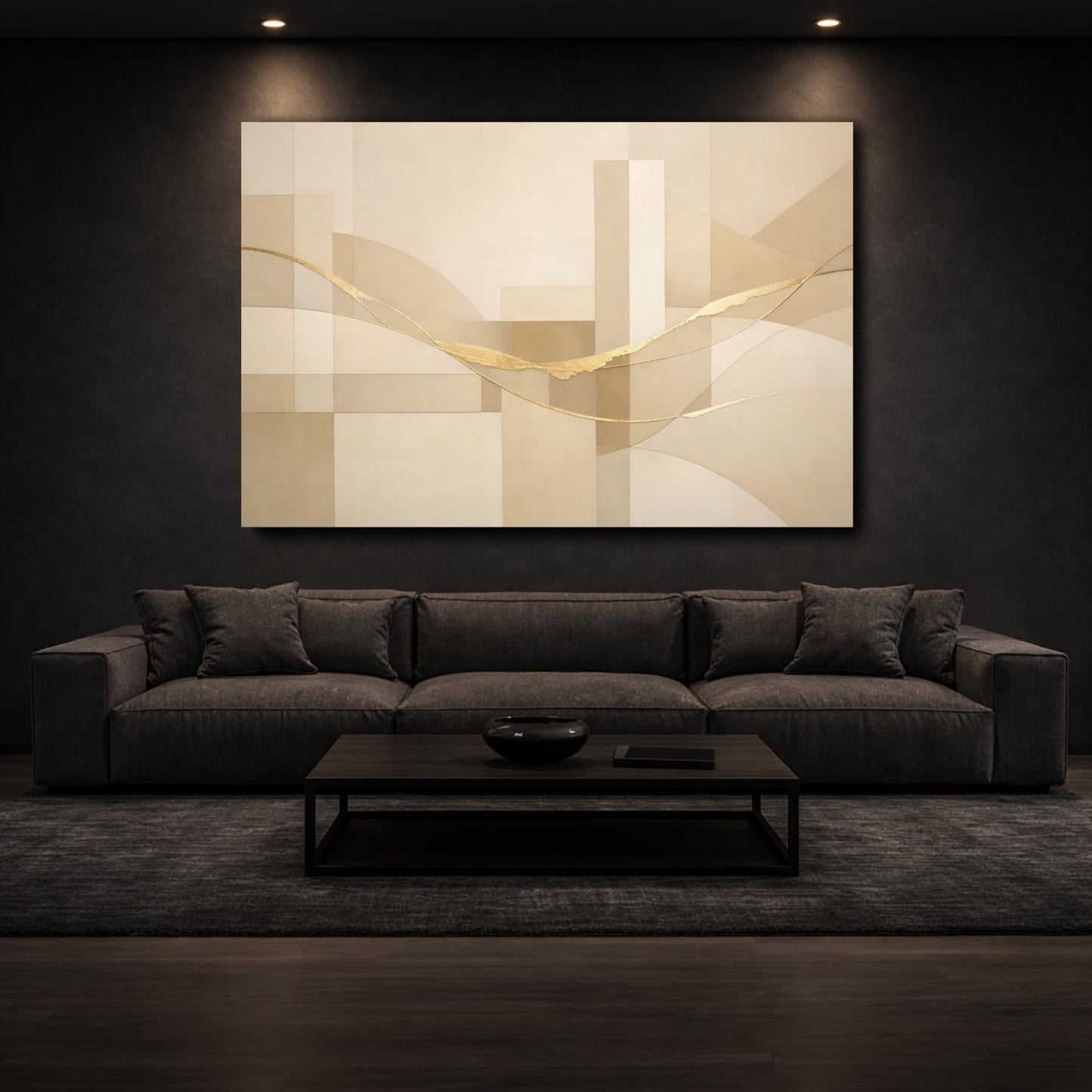 Mockup 2. Abstract Golden Flow Beige And Gold shown as stretched canvas wall art