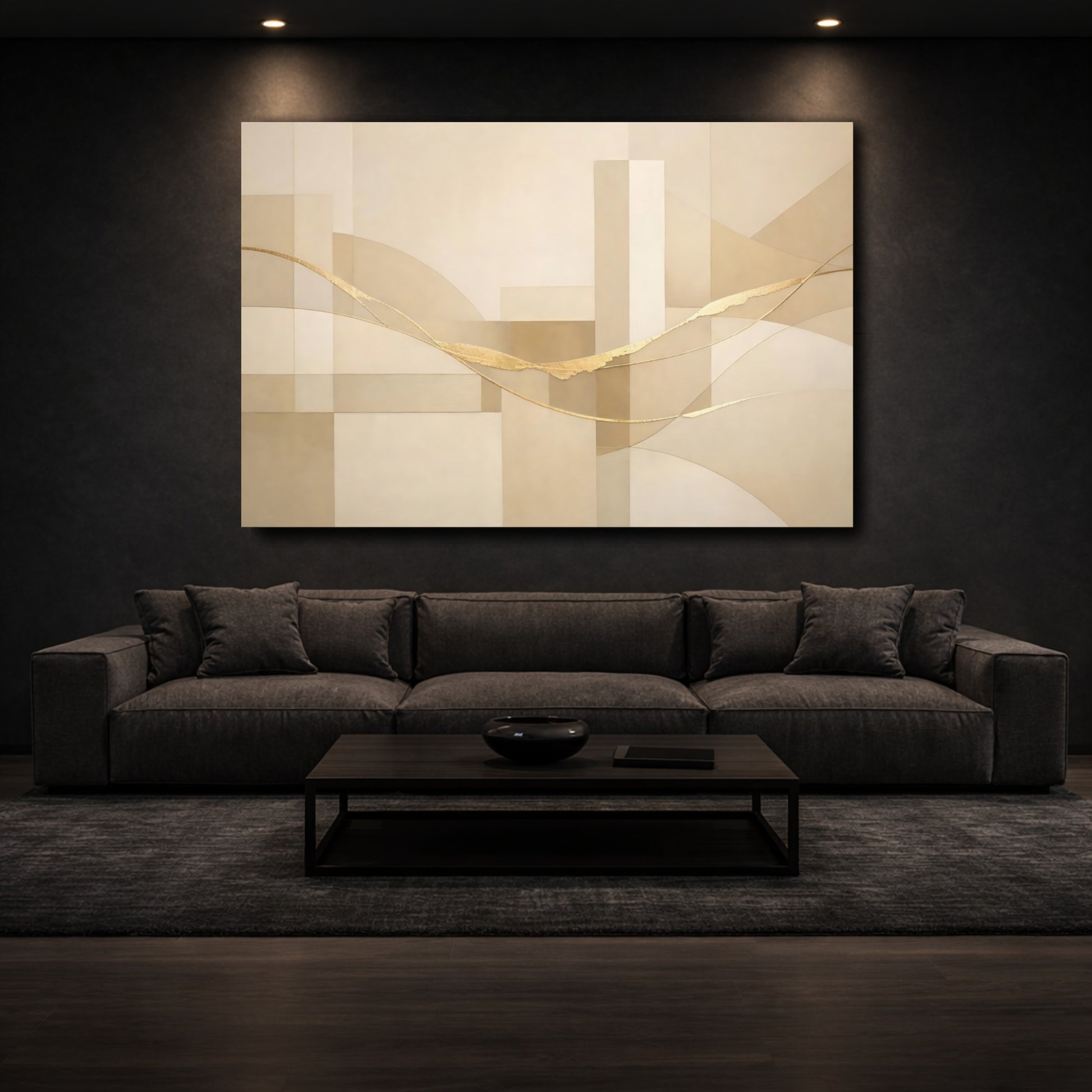 Mockup 2. Abstract Golden Flow Beige And Gold shown as stretched canvas wall art