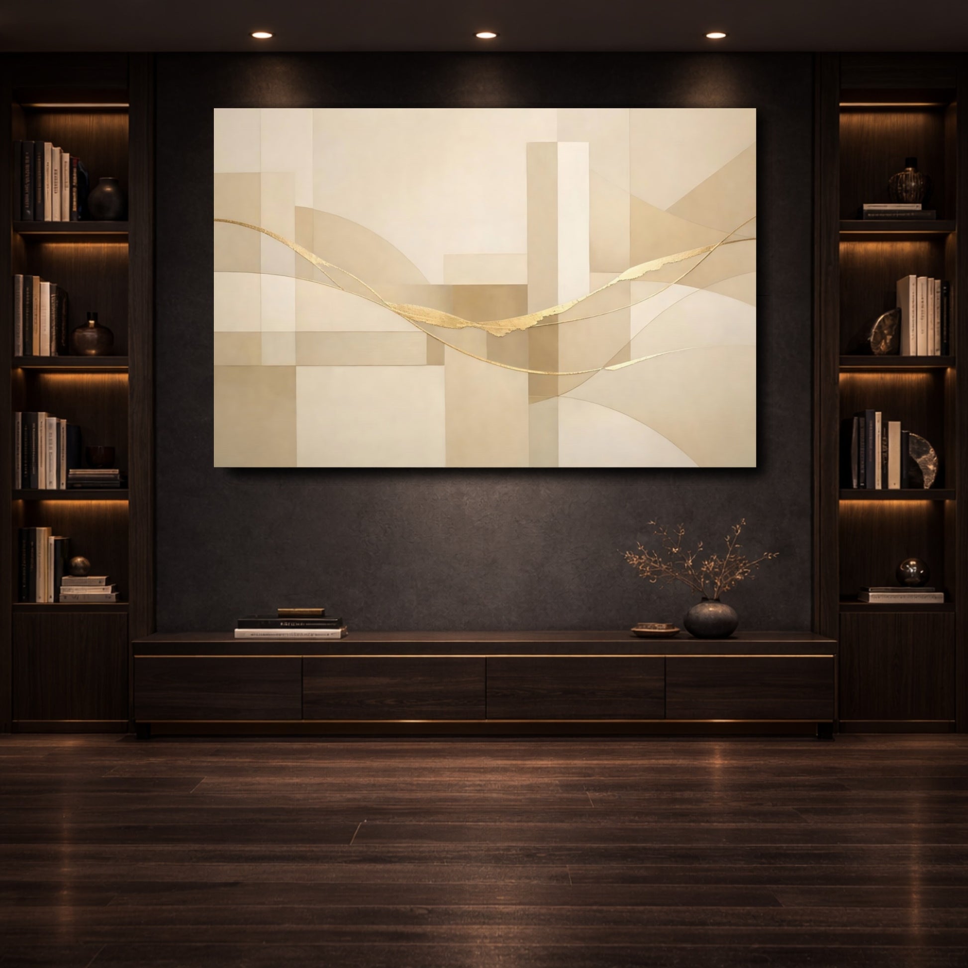 Mockup 3. Abstract Golden Flow Beige And Gold shown as stretched canvas wall art