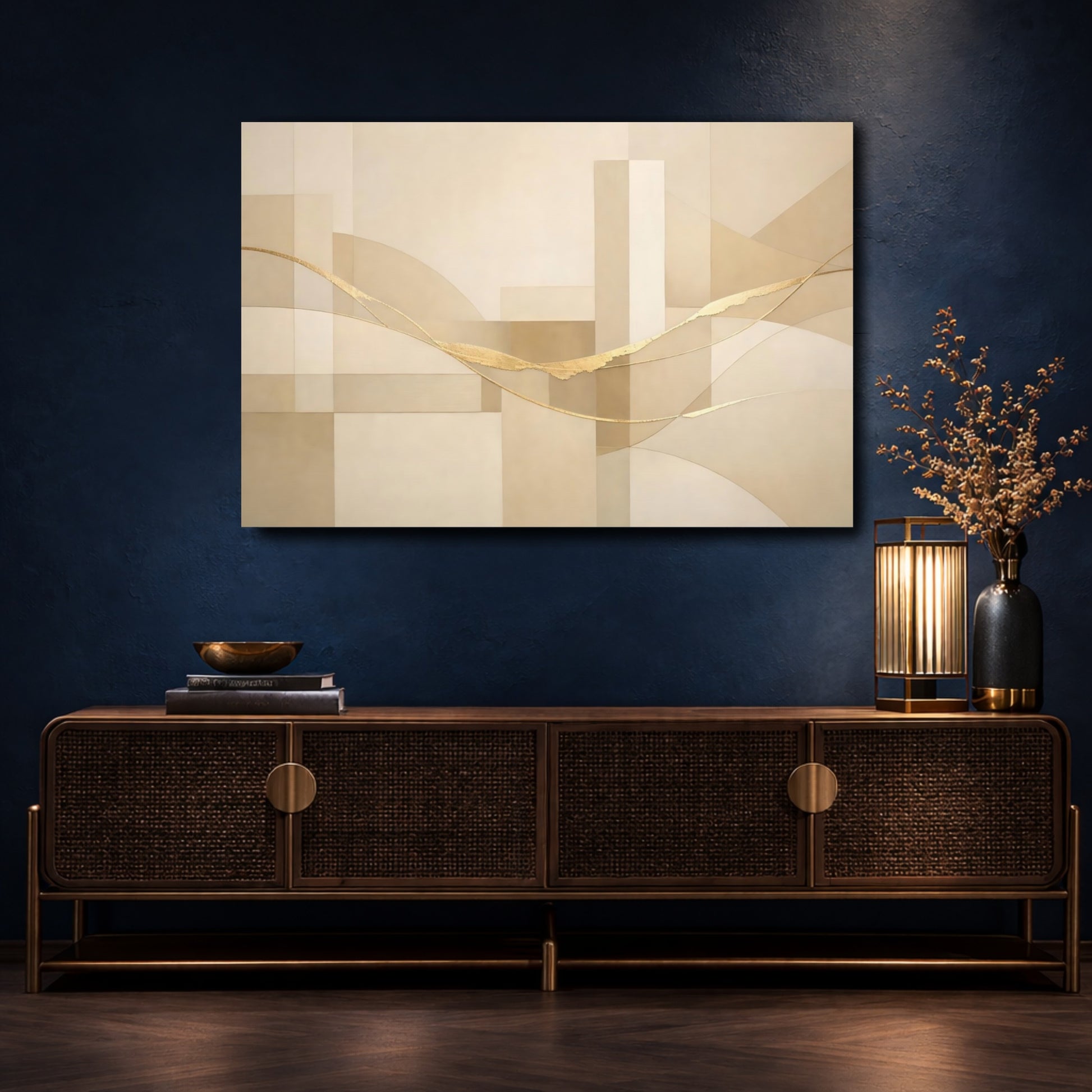 Mockup 4. Abstract Golden Flow Beige And Gold shown as stretched canvas wall art