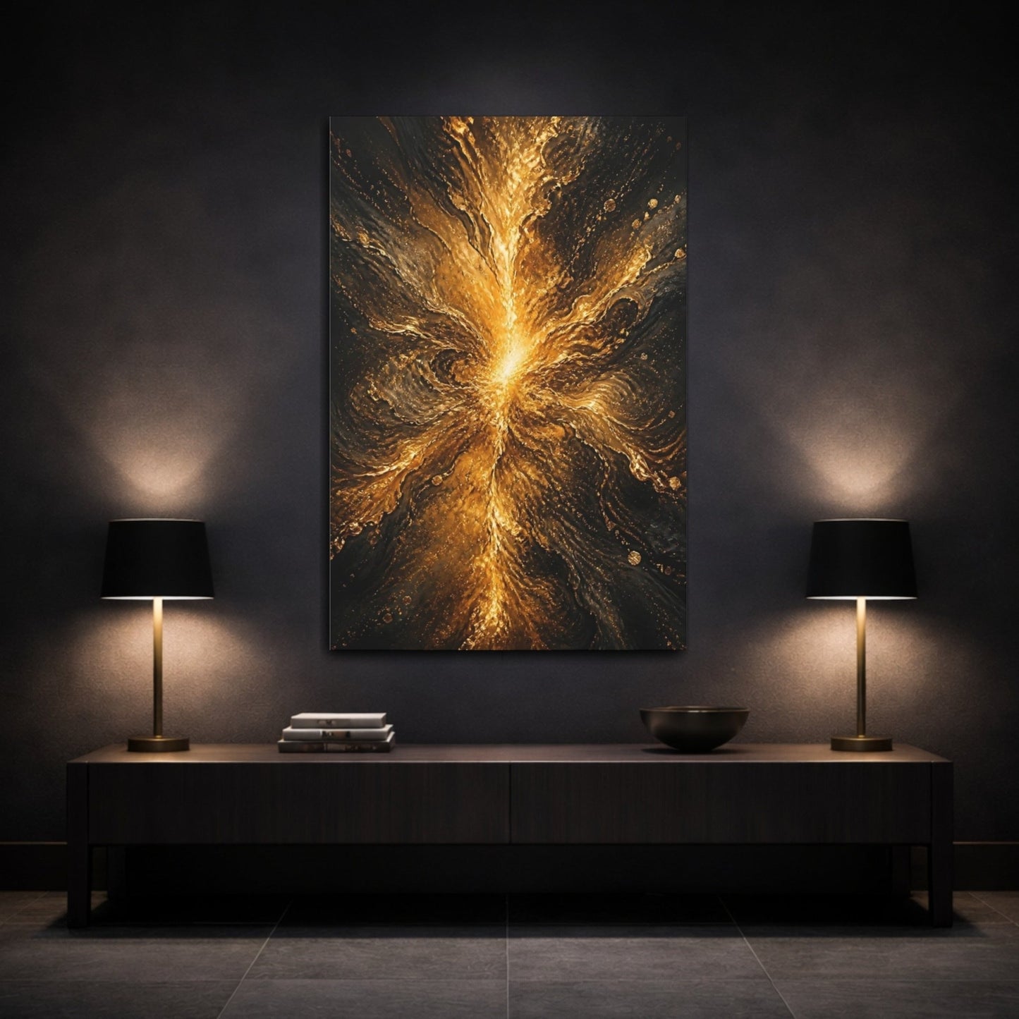 Abstract Golden Flow Gold And Black Canvas Wall Art Print – Living Room, Above Fireplace - YesArtYes