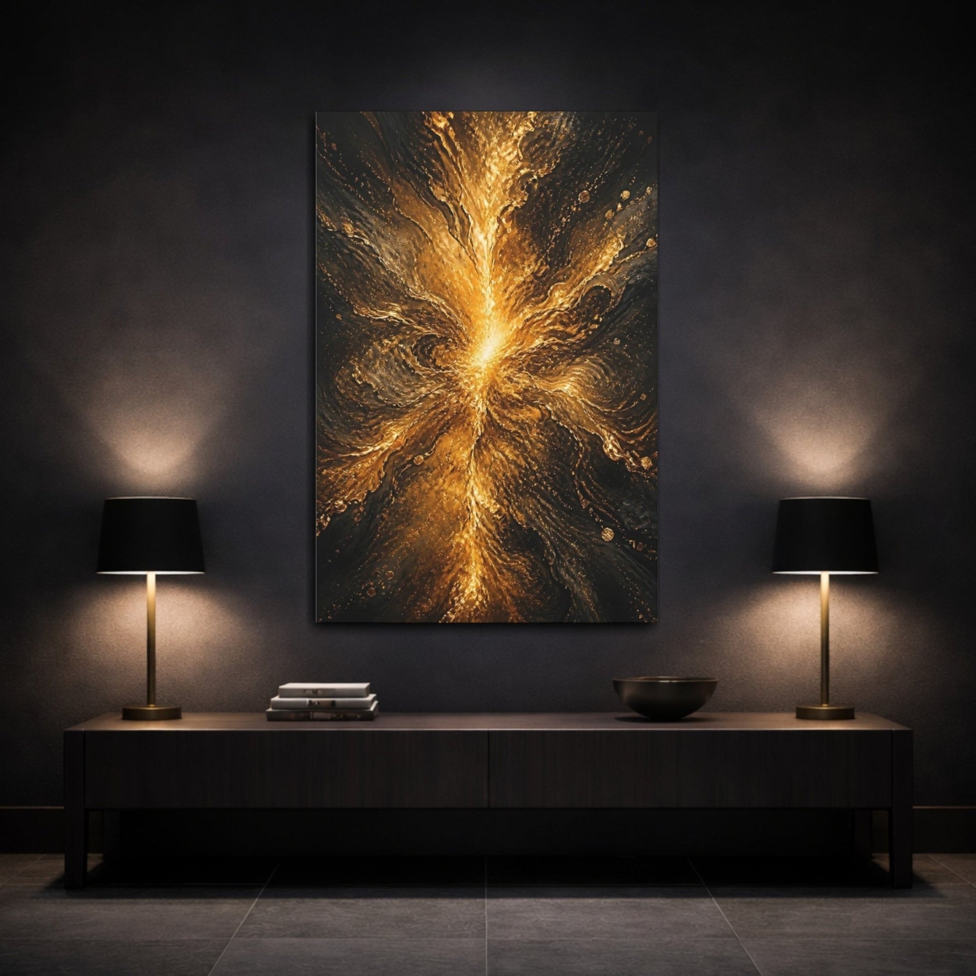 Abstract Golden Flow Gold And Black Canvas Wall Art Print – Living Room, Above Fireplace - YesArtYes