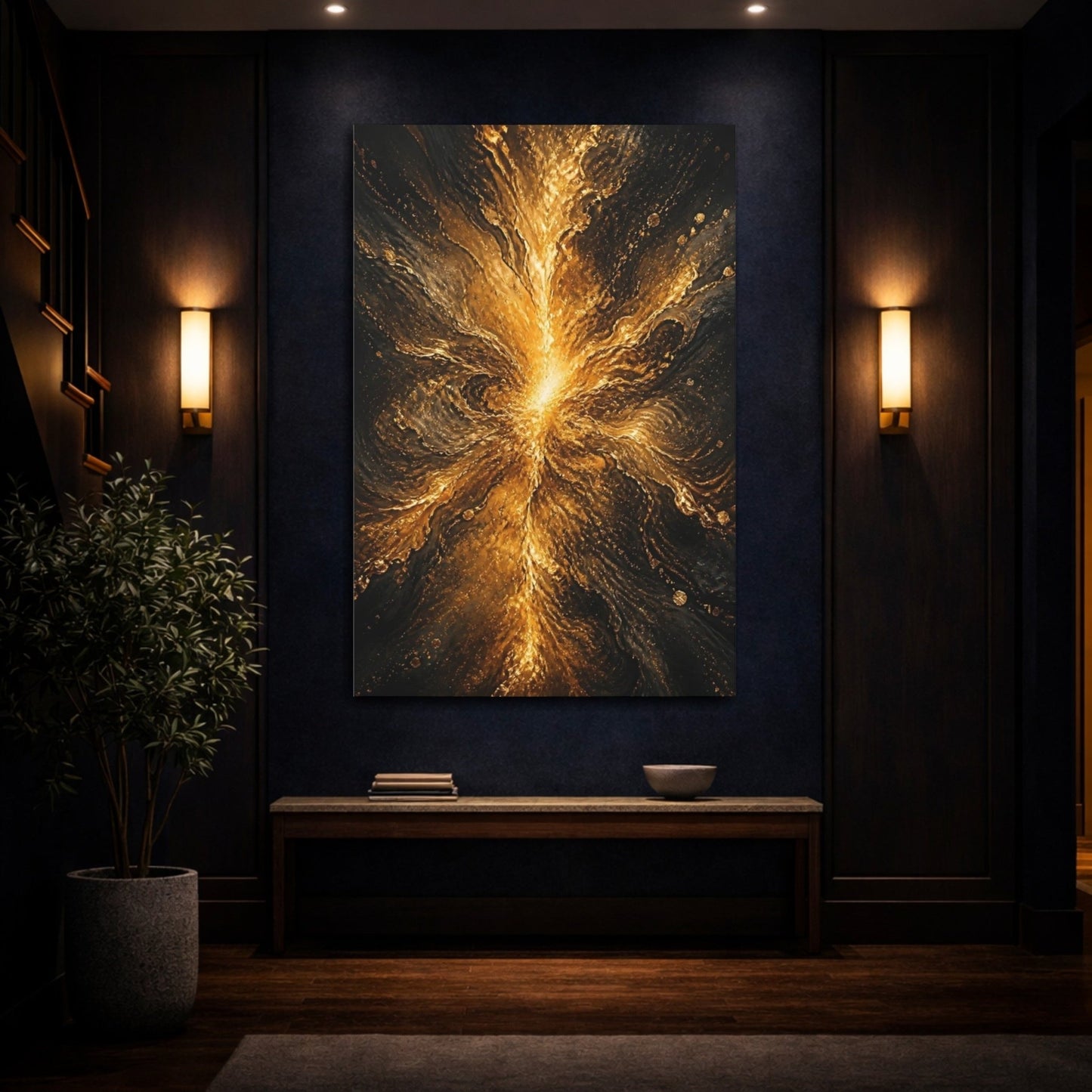 Abstract Golden Flow Gold And Black Canvas Wall Art Print – Living Room, Above Fireplace - YesArtYes