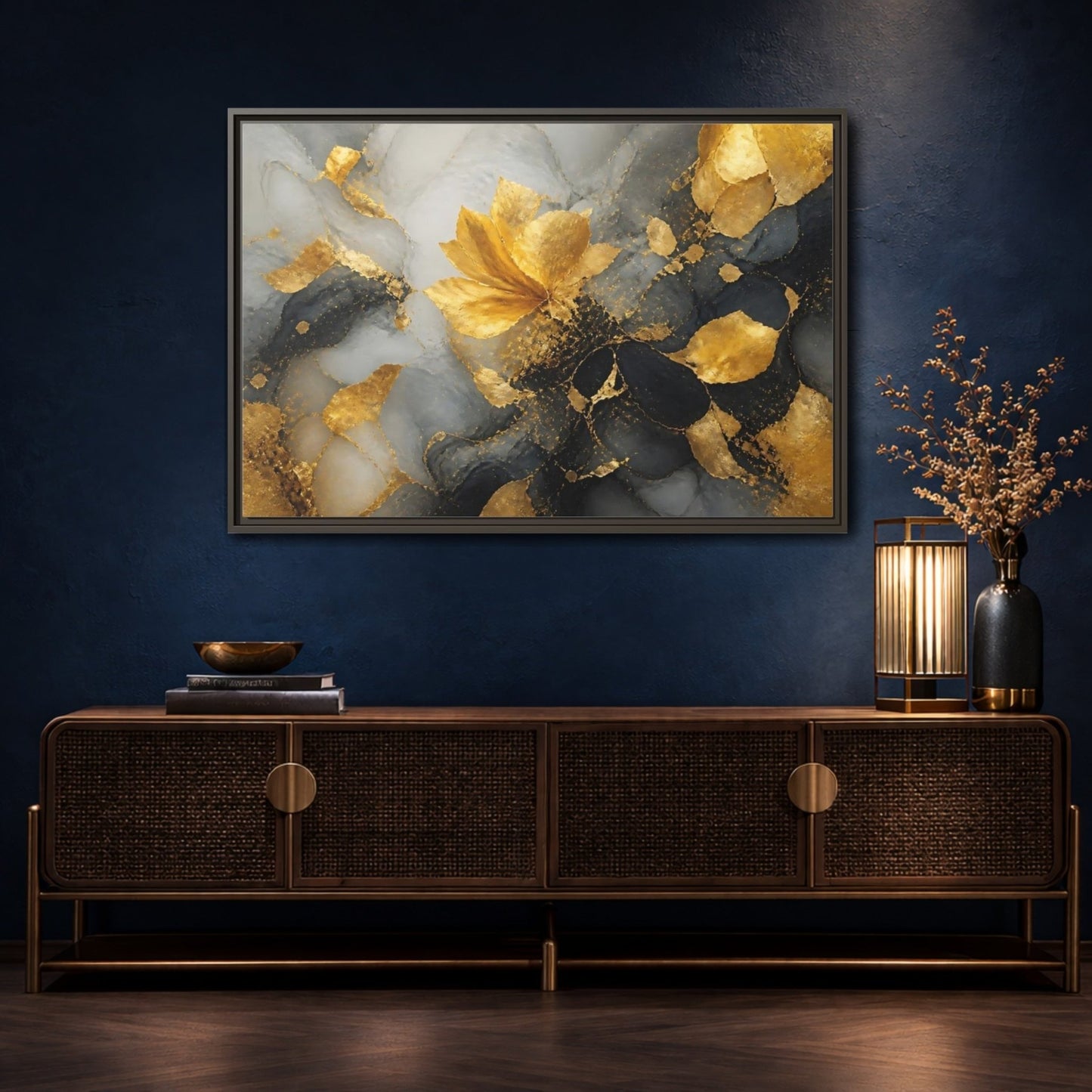 Abstract Golden Flower Gold And Gray Framed Canvas Print Wall Art – Living Room Decor, Above Couch - YesArtYes