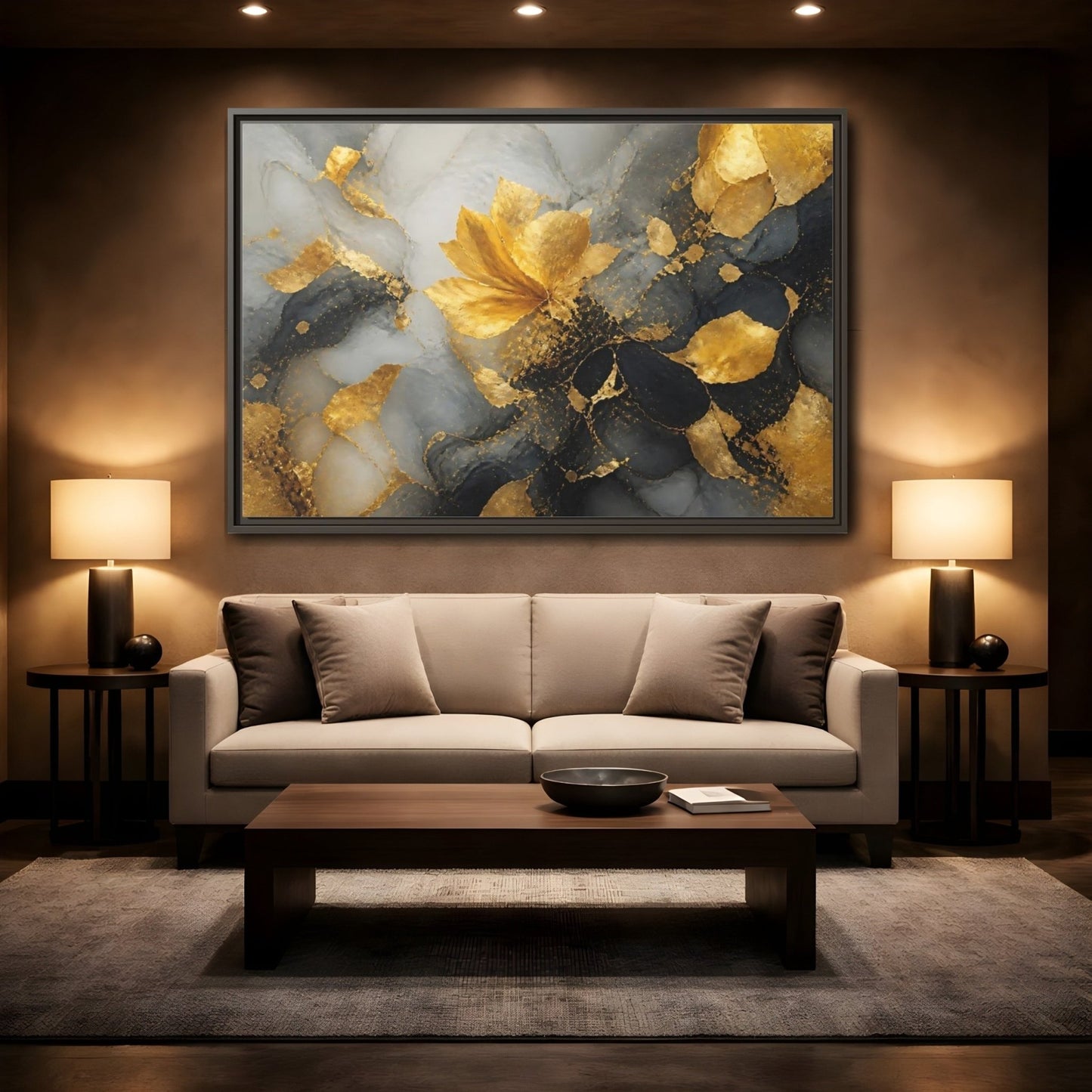 Abstract Golden Flower Gold And Gray Framed Canvas Print Wall Art – Living Room Decor, Above Couch - YesArtYes