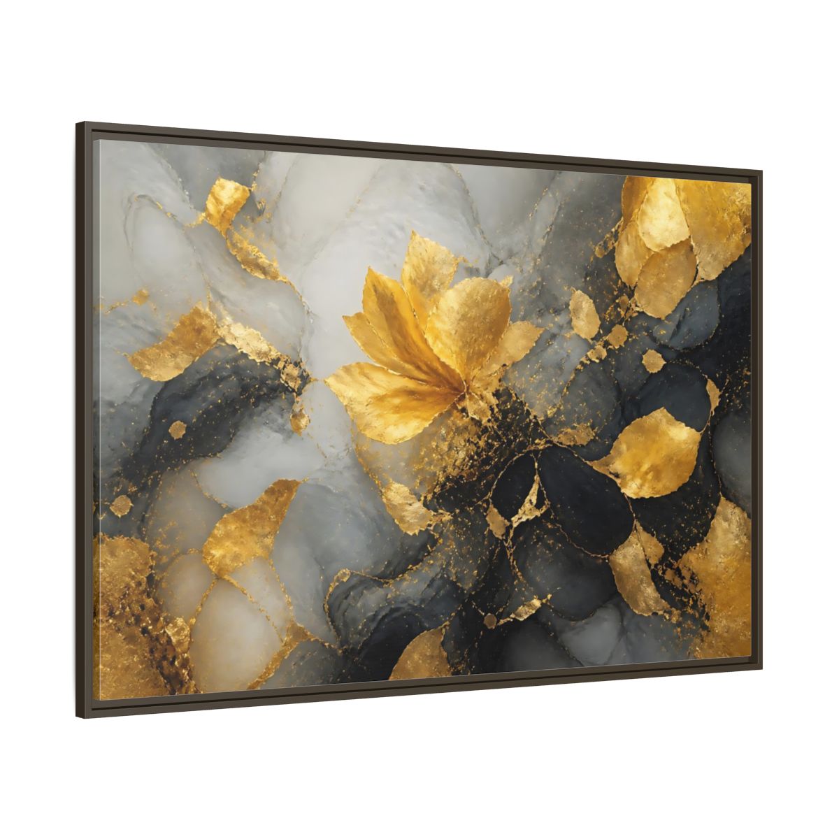 Side Mockup 8. Abstract Golden Flower Gold And Gray shown as framed canvas print