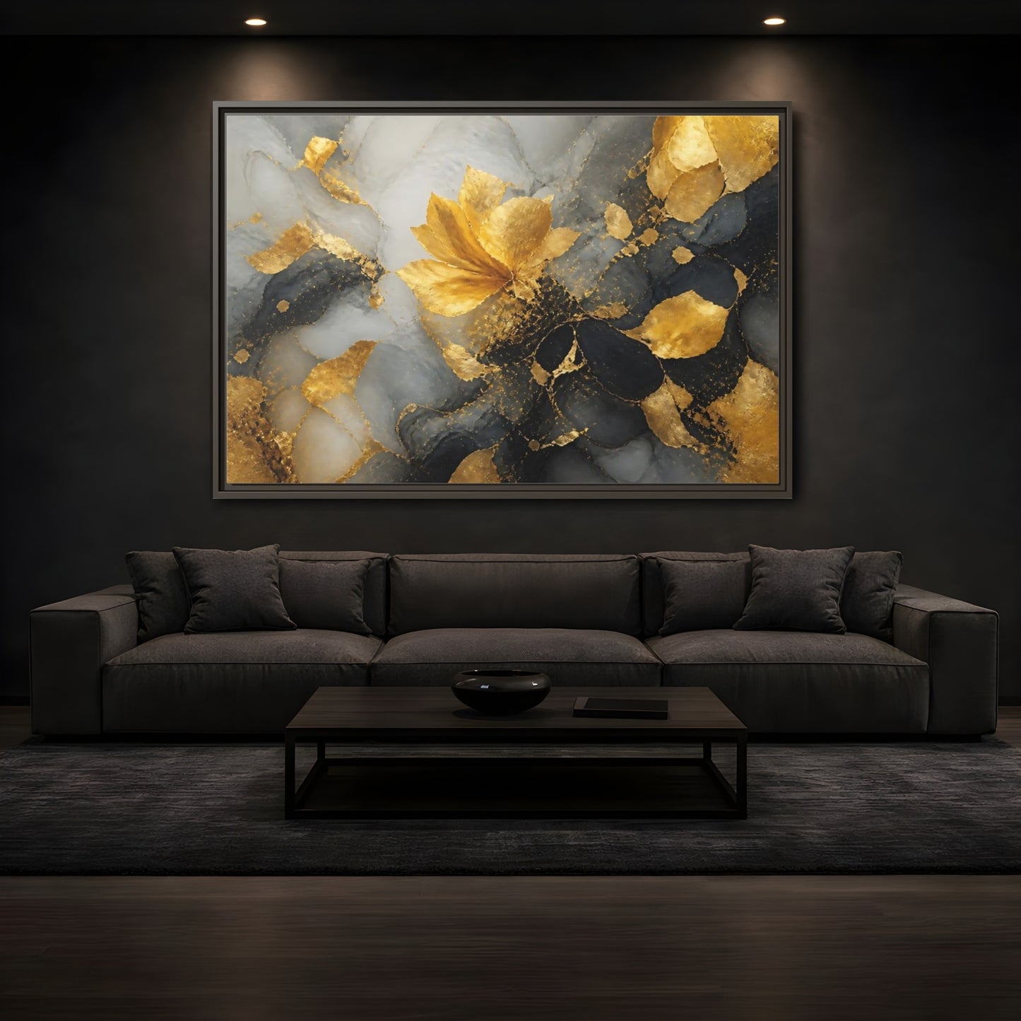 Mockup 3. Abstract Golden Flower Gold And Gray shown as framed canvas print