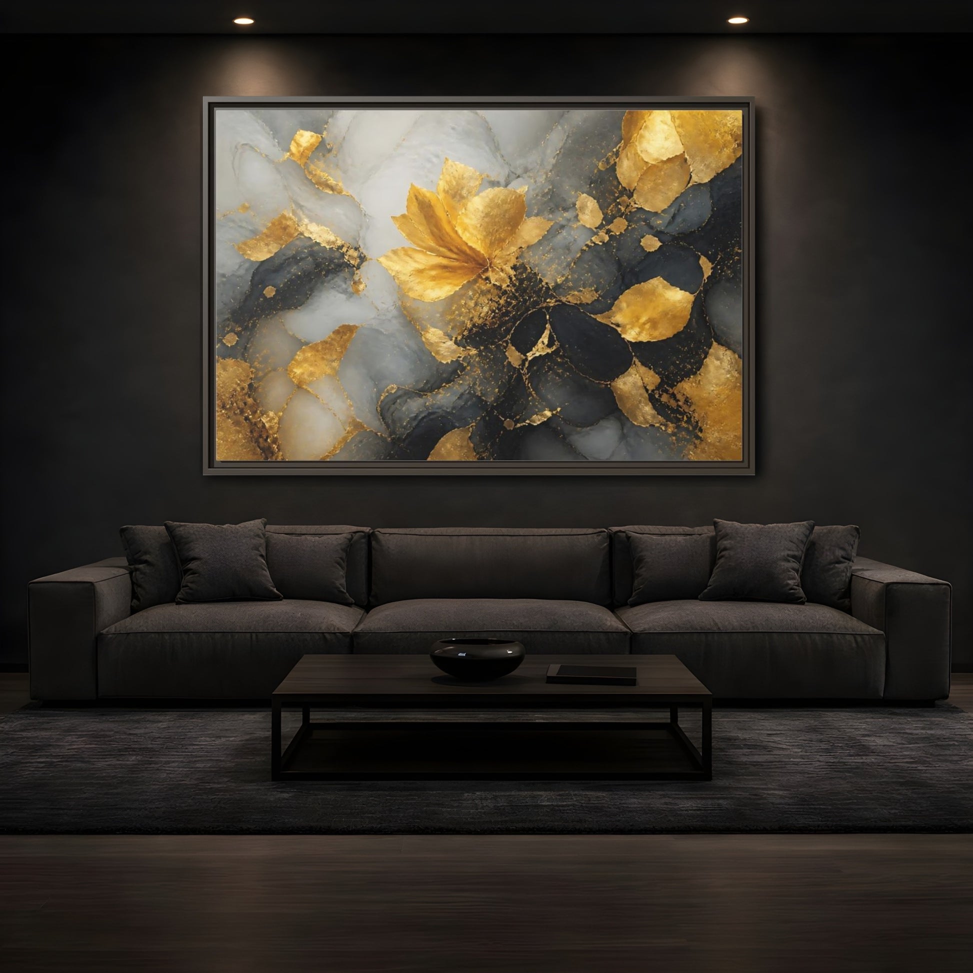 Mockup 3. Abstract Golden Flower Gold And Gray shown as framed canvas print